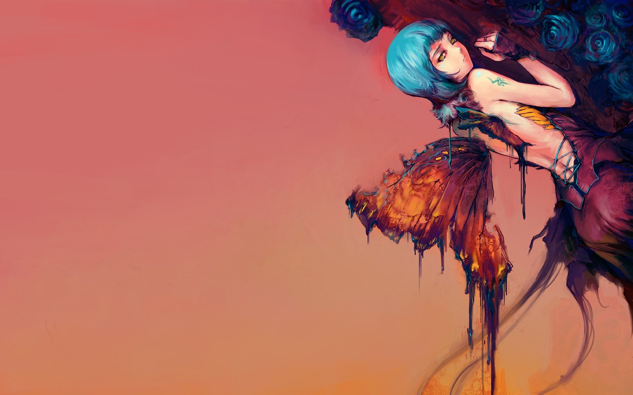 Anime girl with blue hair and wings HD Wallpaper