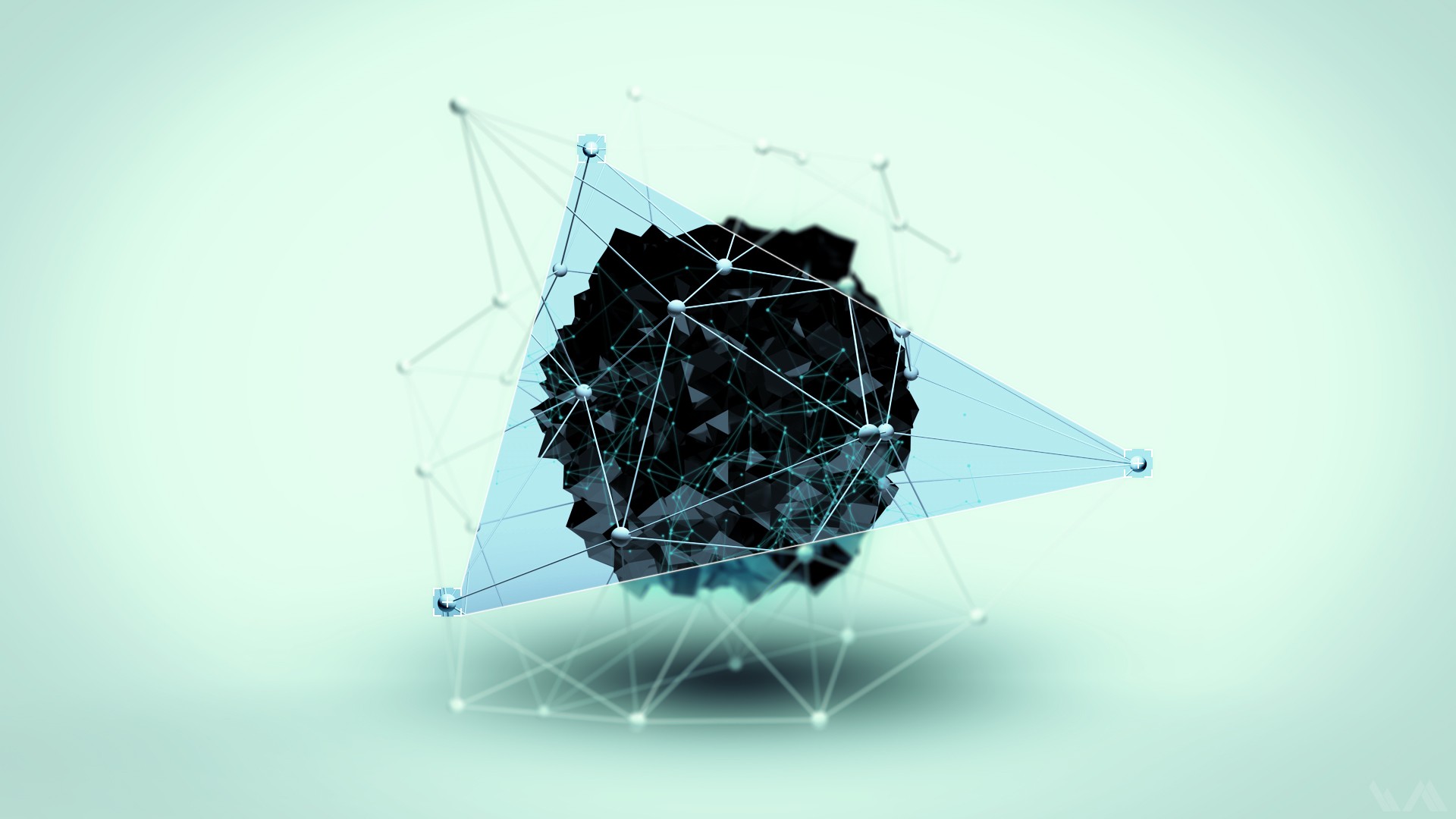Abstract digital render of a dark geometric shape with network connections HD Wallpaper