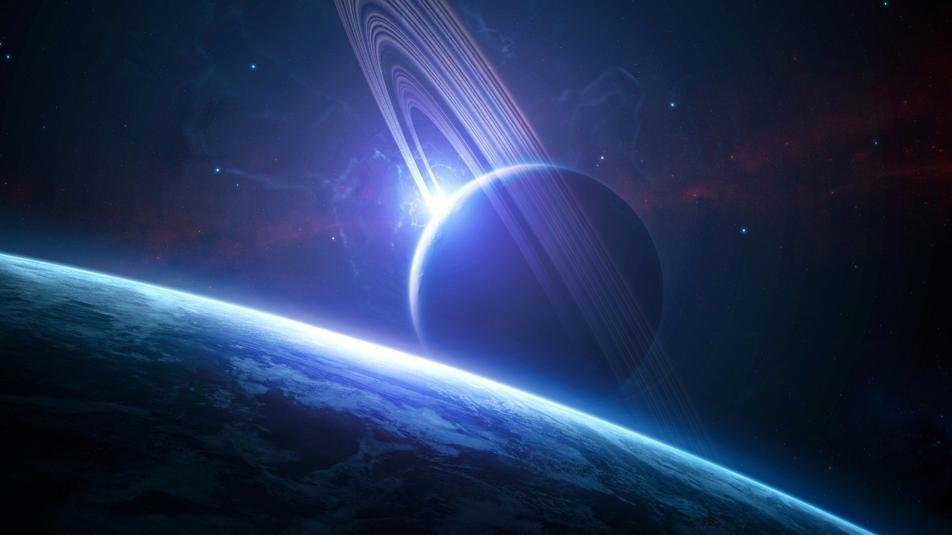 Planet with rings in space near another planet HD Wallpaper