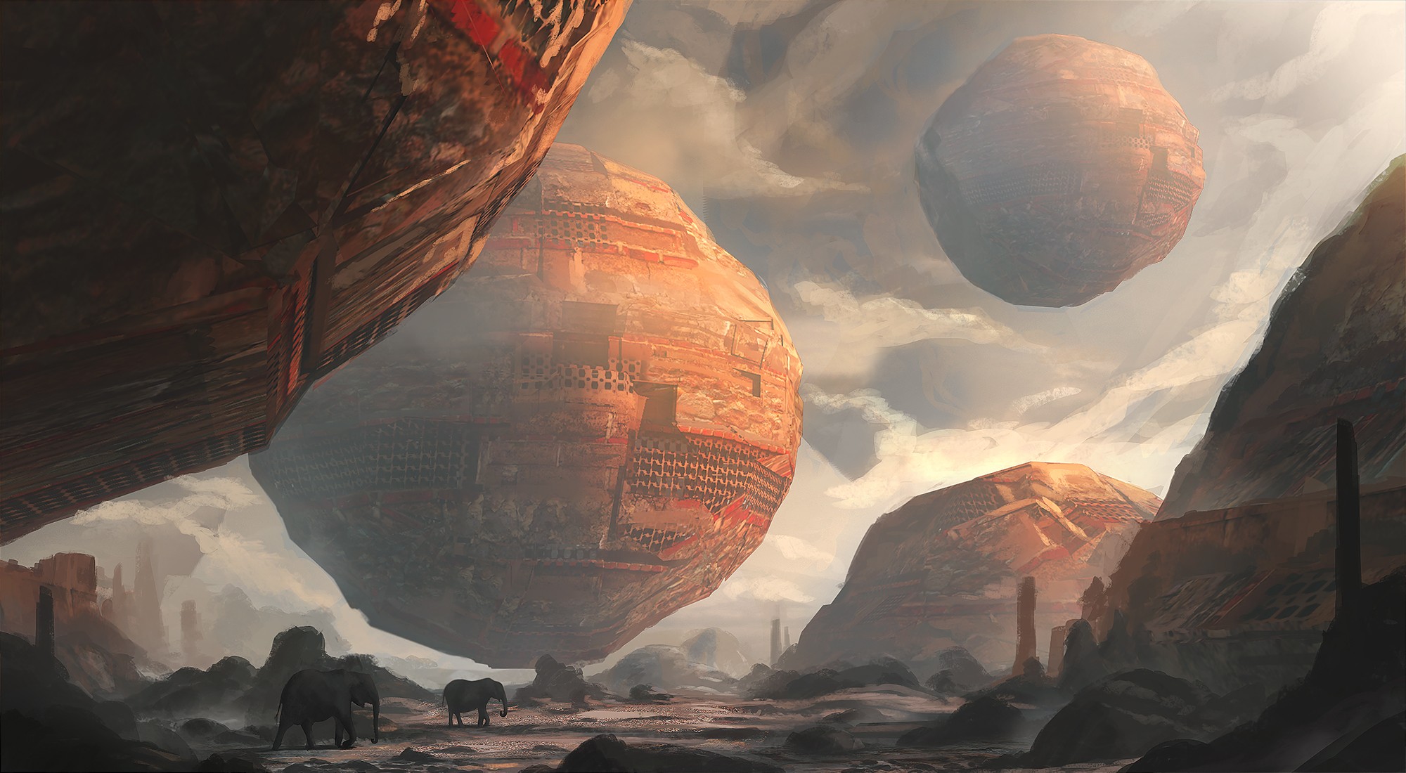 Abstract alien landscape with floating spheres and elephants HD Wallpaper