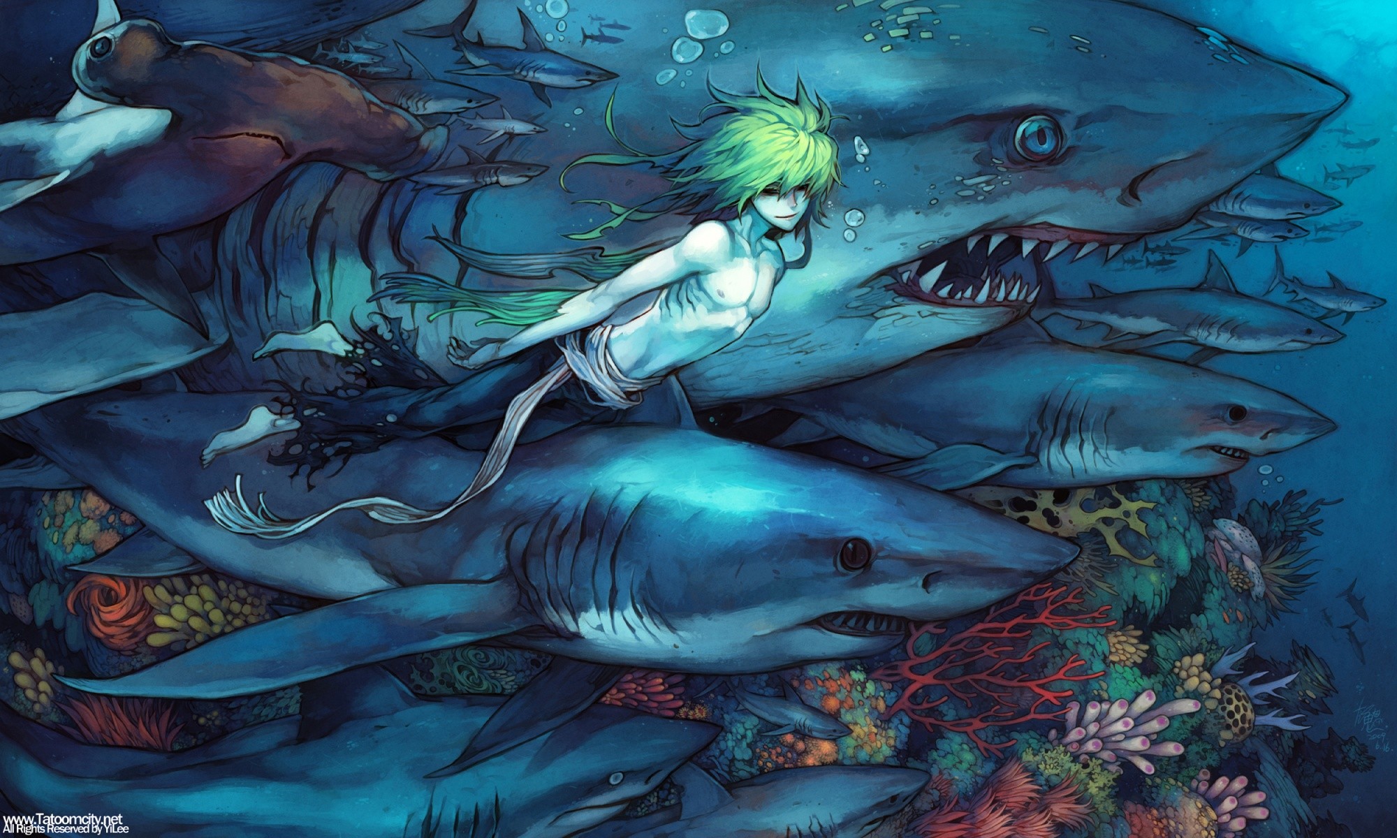 Anime boy with green hair surrounded by sharks HD Wallpaper