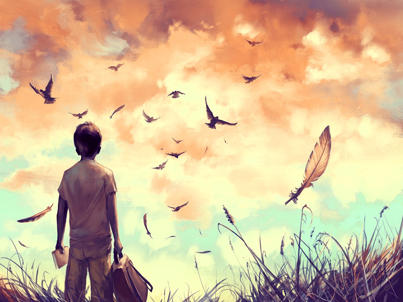 Boy with backpack and book watching birds and feathers HD Wallpaper