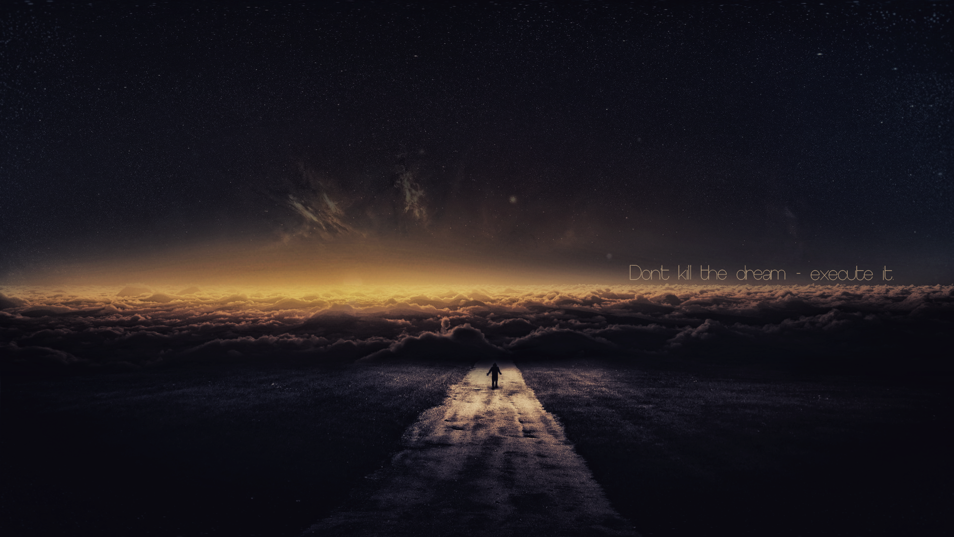 A person walks on a road through clouds under a starry sky with a quote HD Wallpaper