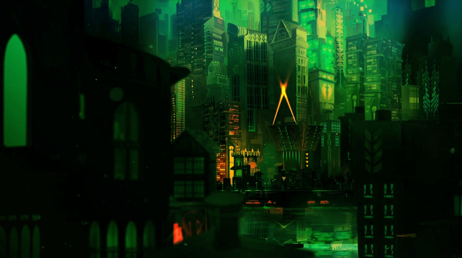 Digital art of a futuristic green city at night HD Wallpaper