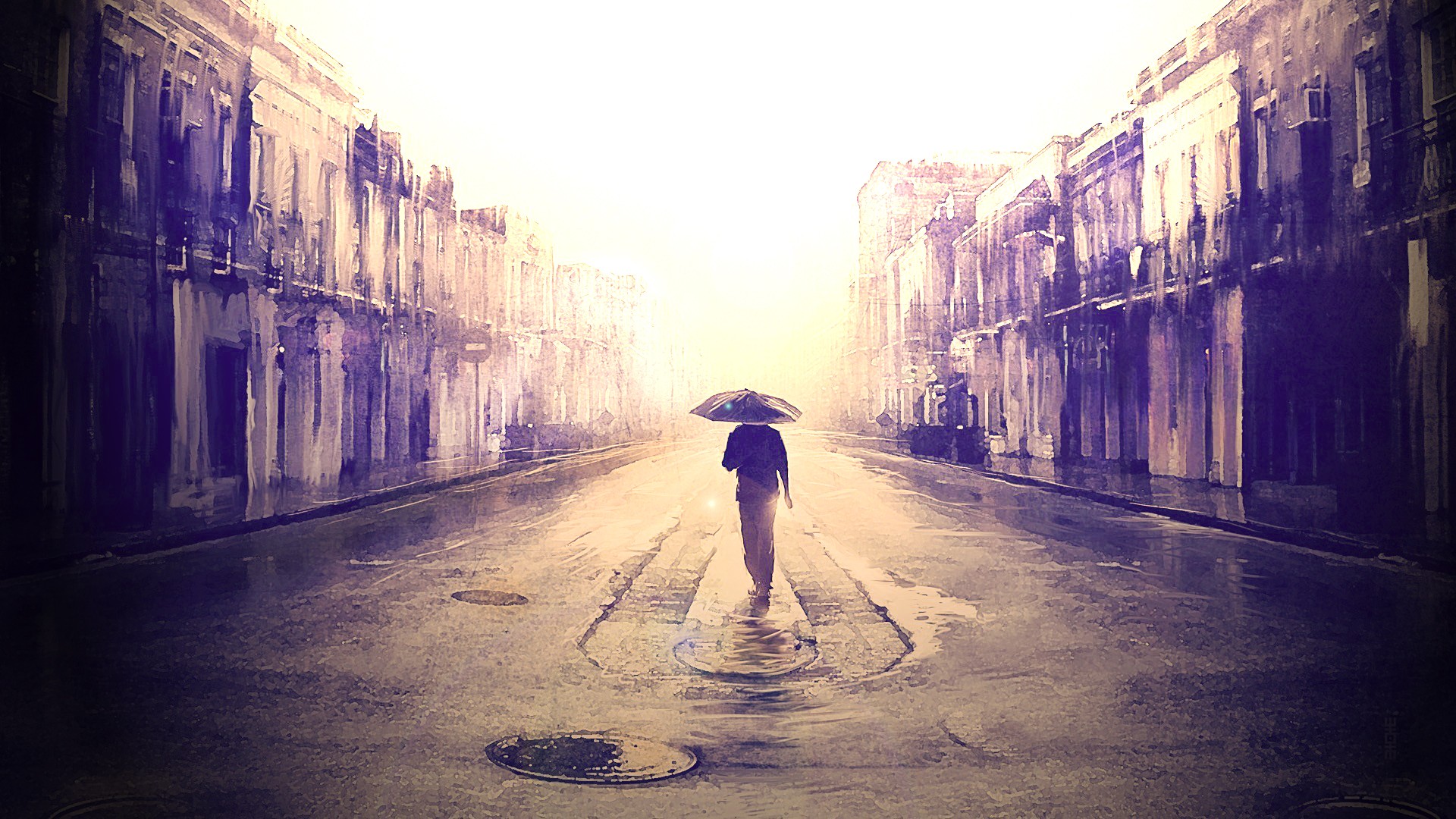 Person with umbrella walking down a city street in the rain HD Wallpaper