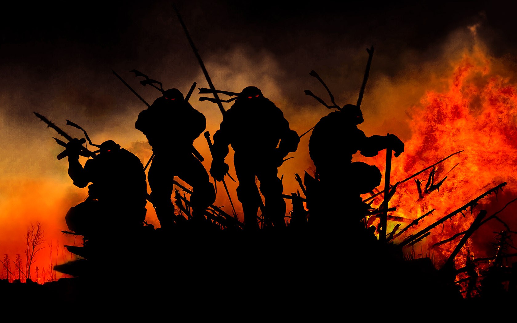 Teenage Mutant Ninja Turtles silhouetted against fire HD Wallpaper