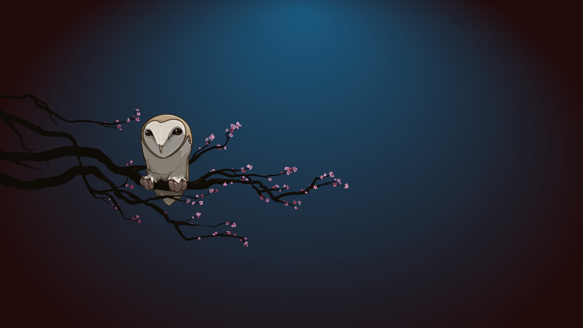 Artwork of an owl on a branch with flowers HD Wallpaper