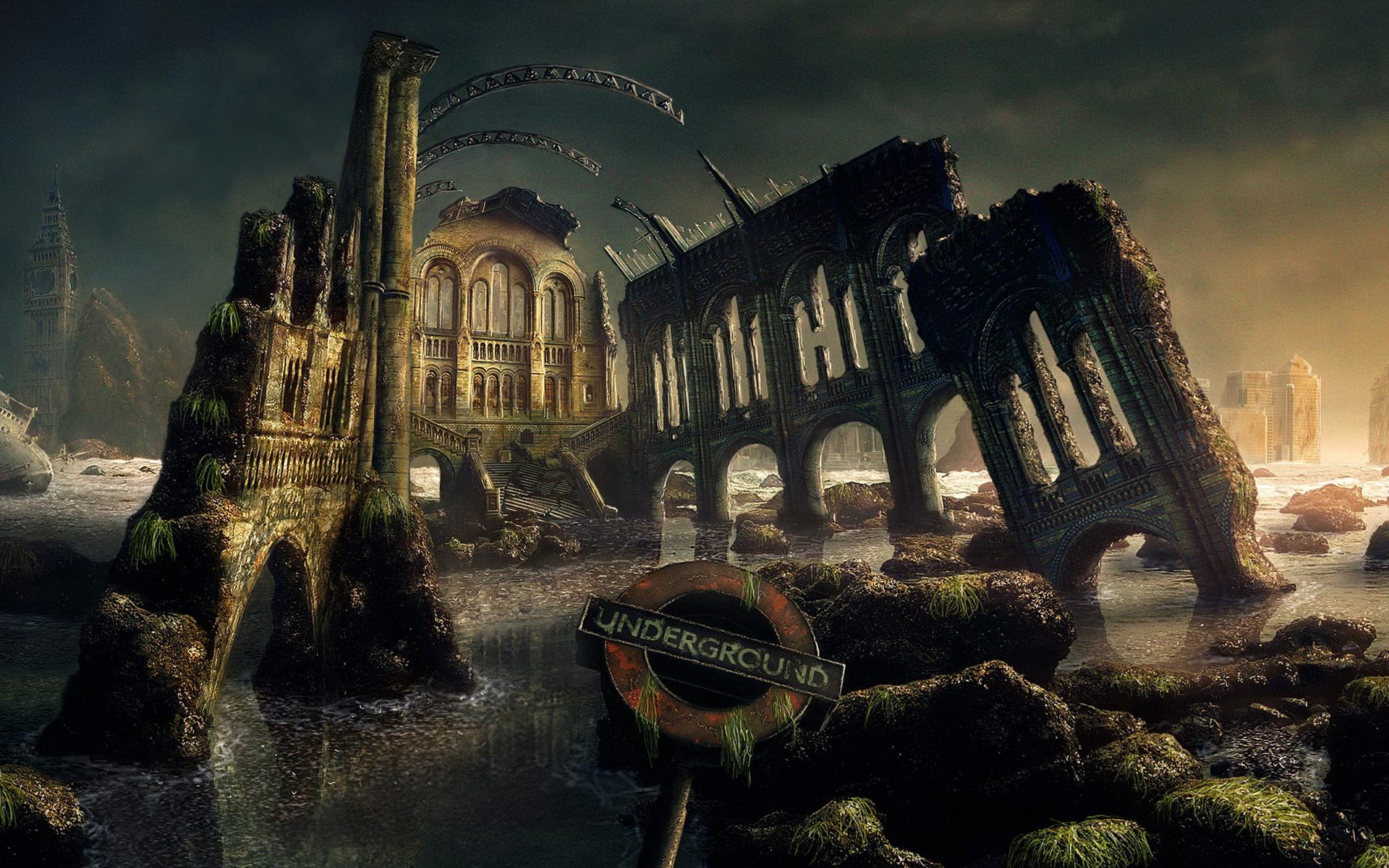 Apocalyptic ruins of a city with an underground sign HD Wallpaper