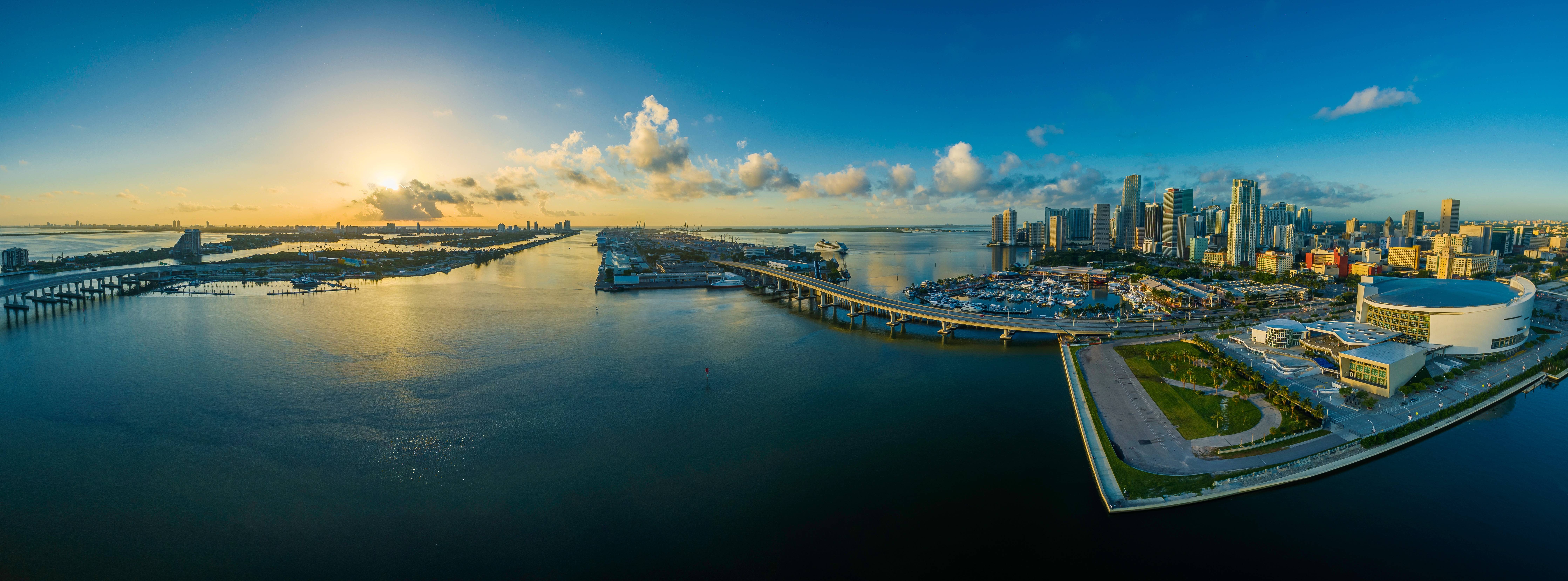 Miami skyline and waterfront at sunrise HD Wallpaper