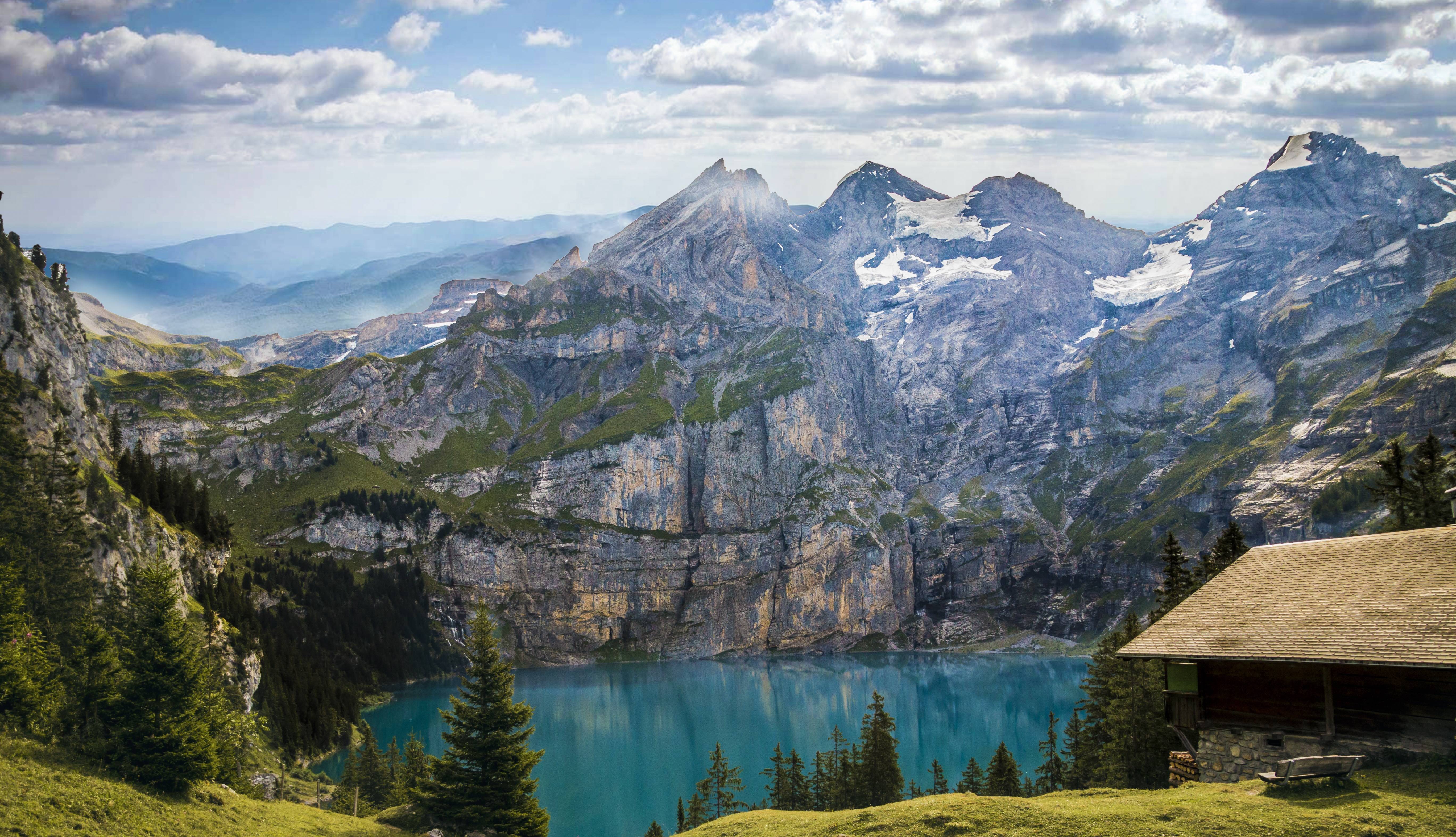 Oeschinen Lake and Mountains in Switzerland HD Wallpaper