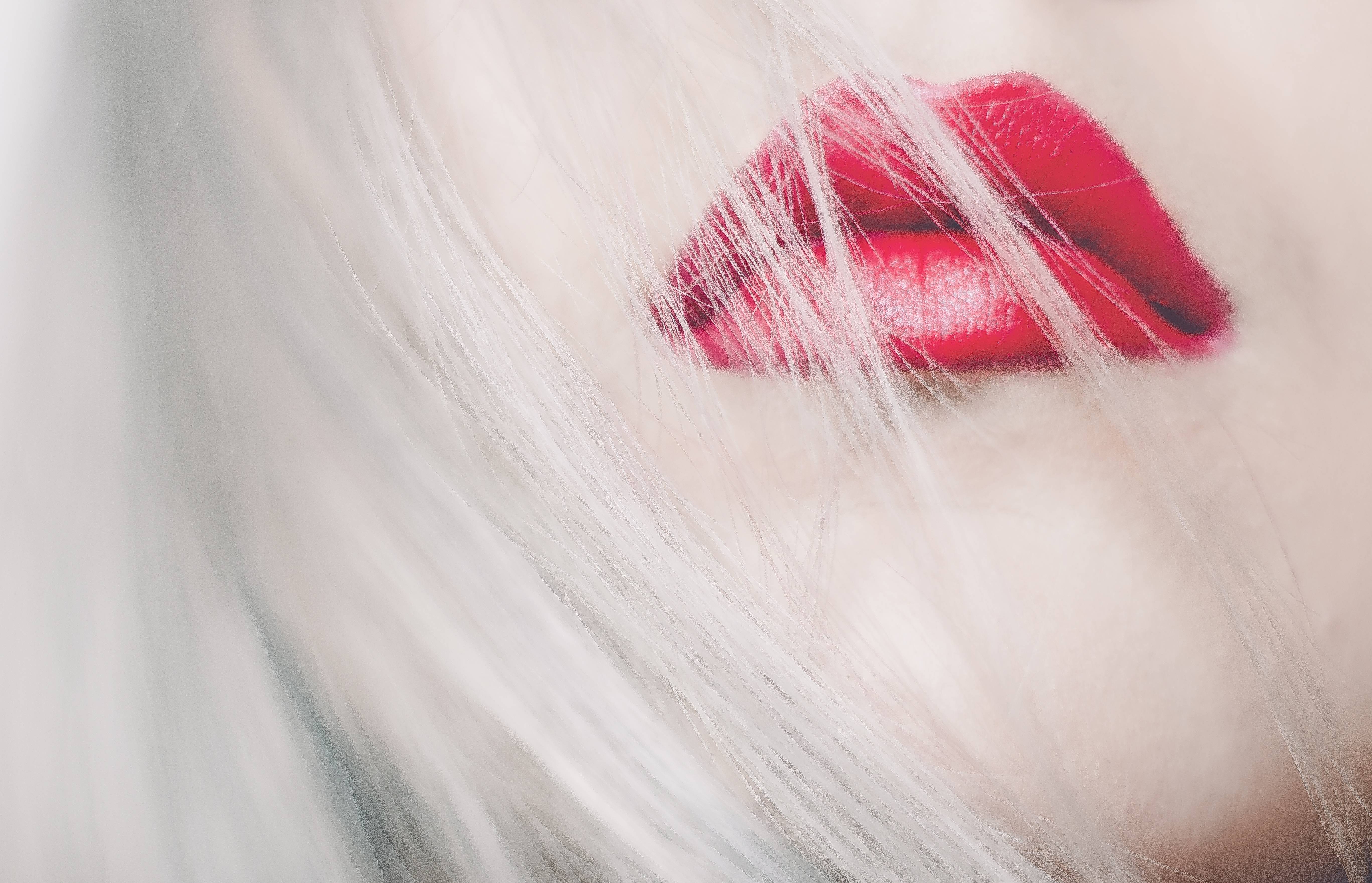 Close-up of woman's red lips with white hair HD Wallpaper