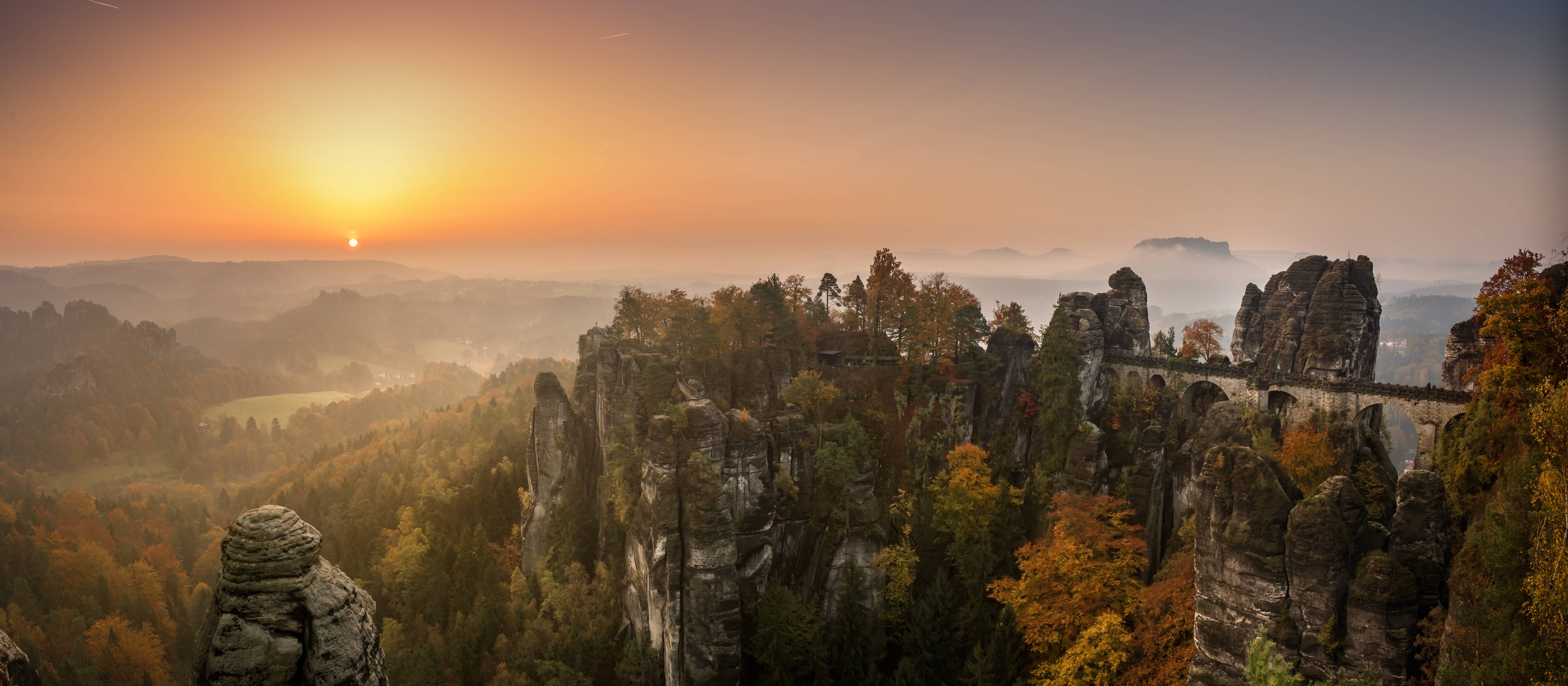 Sunrise over Bastei Bridge and Sandstone Mountains HD Wallpaper