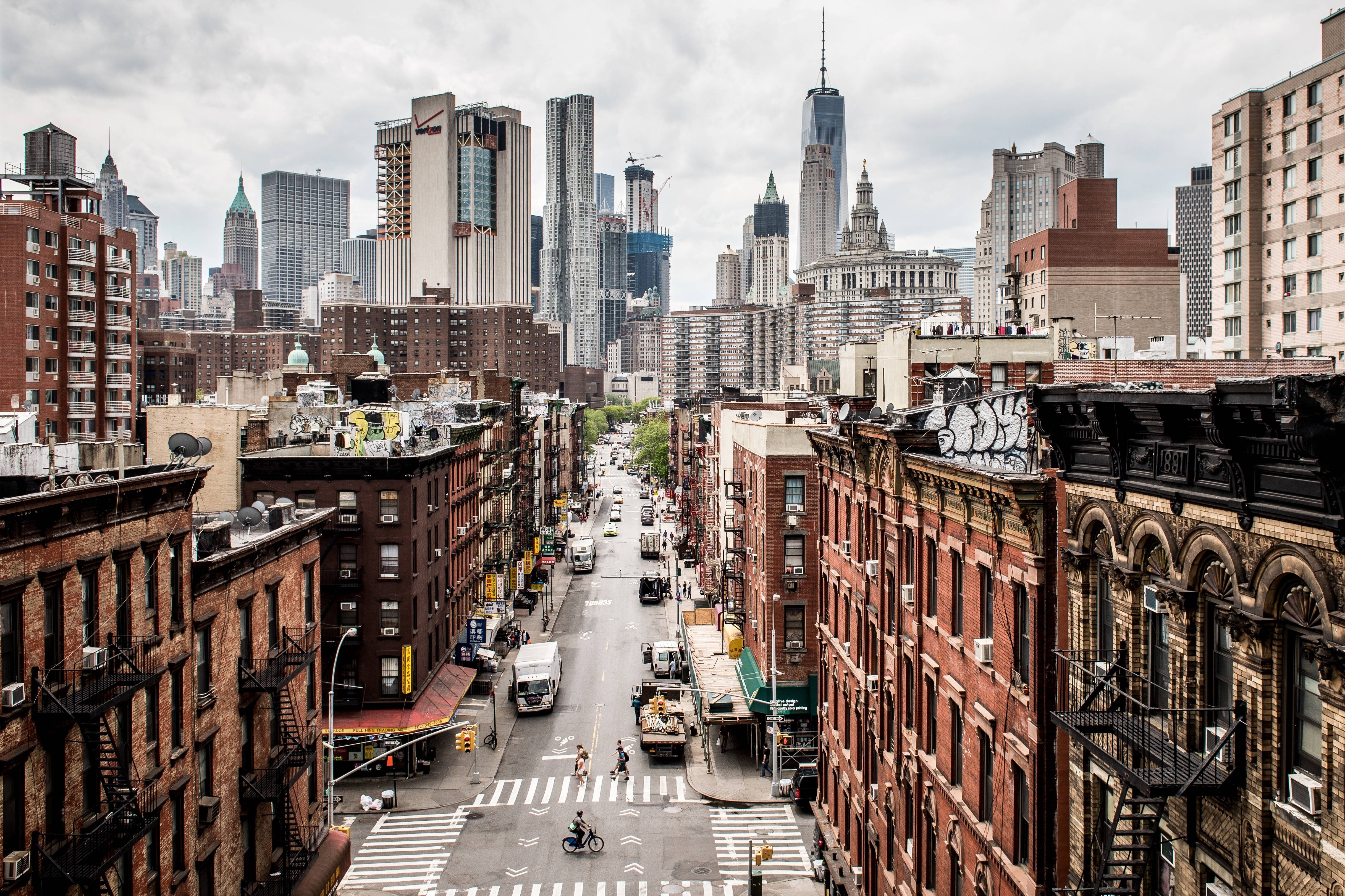 New York City street view with skyscrapers HD Wallpaper