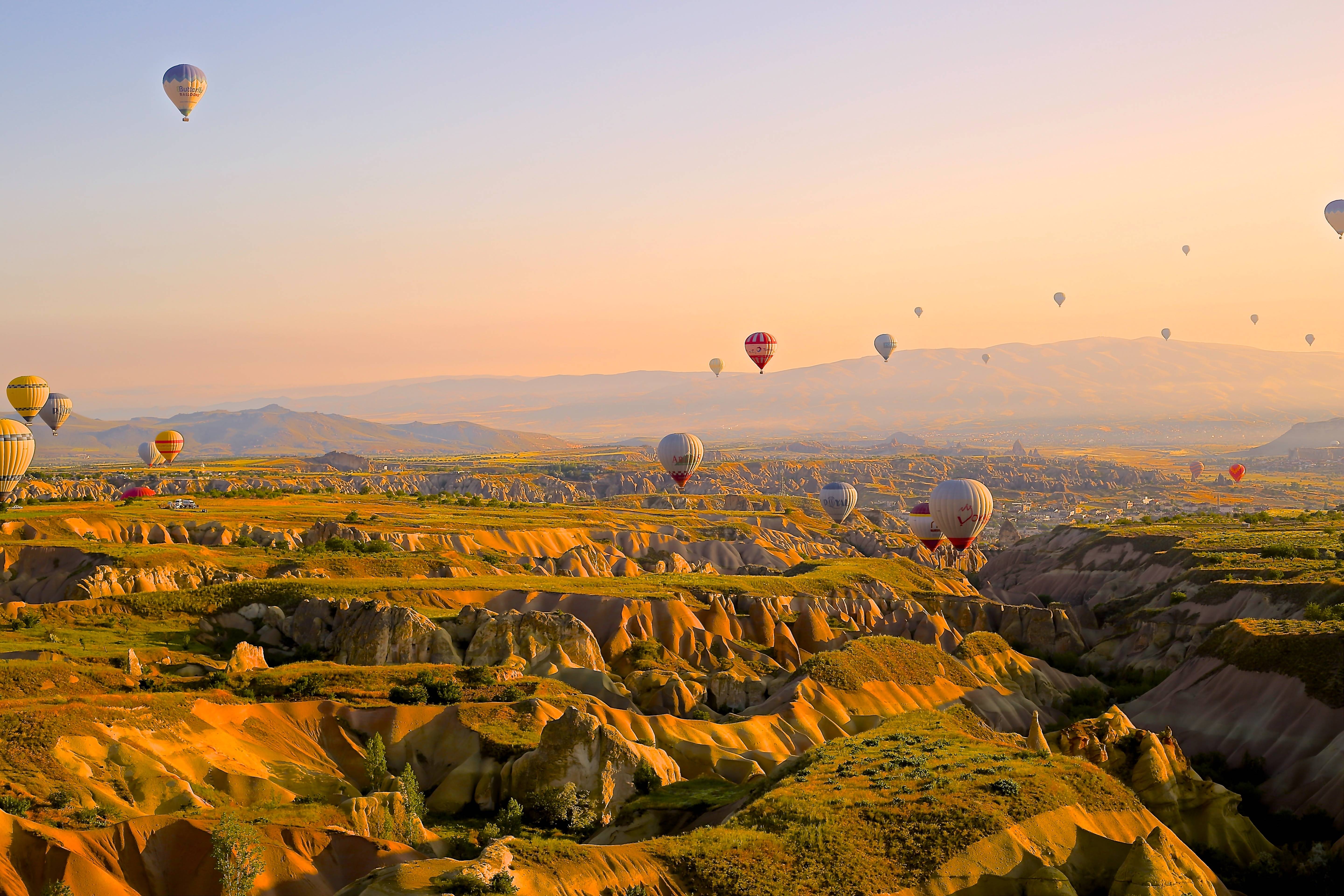 Hot air balloons flying over a valley at sunrise HD Wallpaper