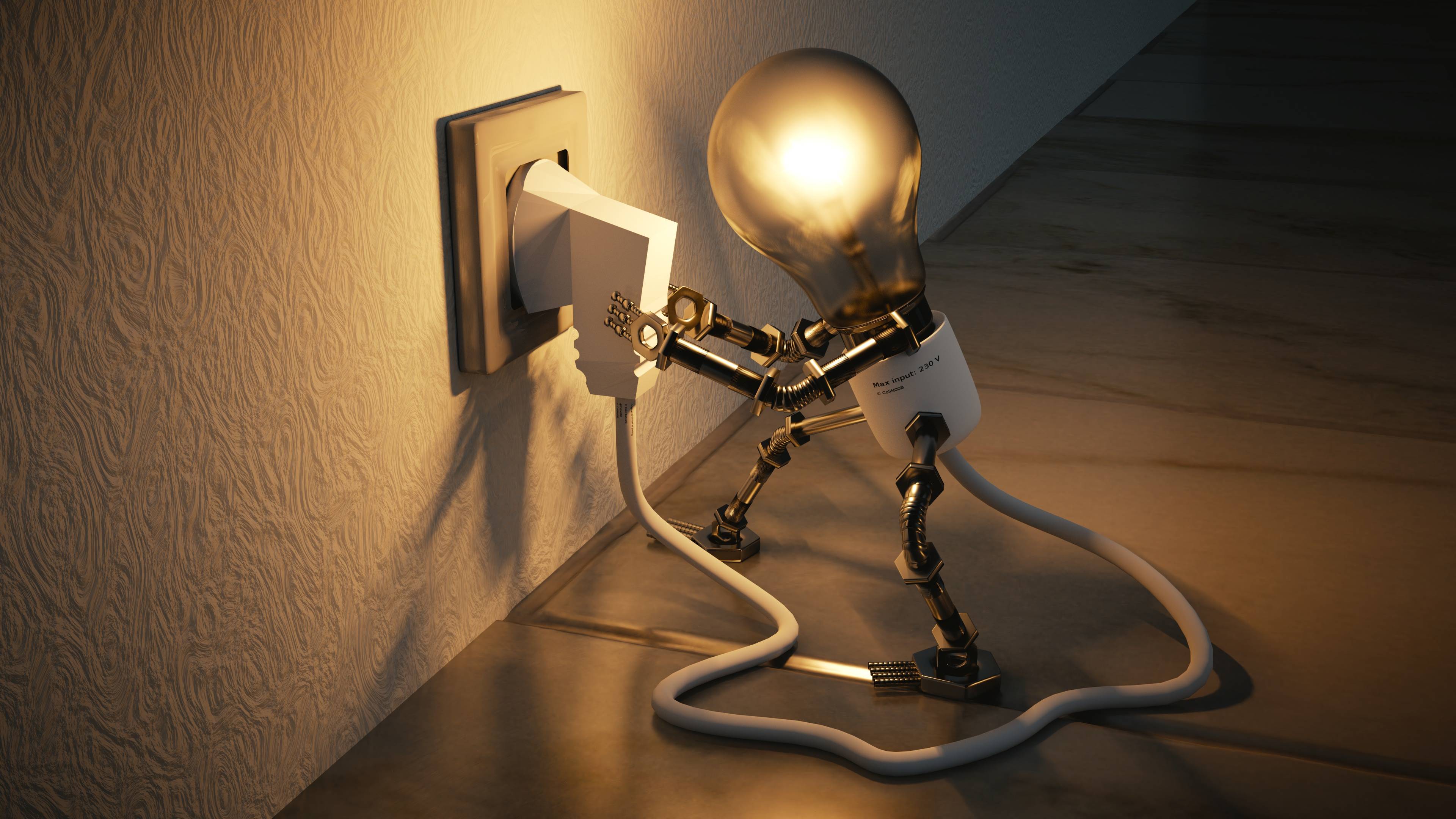 Light bulb character plugs itself into a wall socket HD Wallpaper