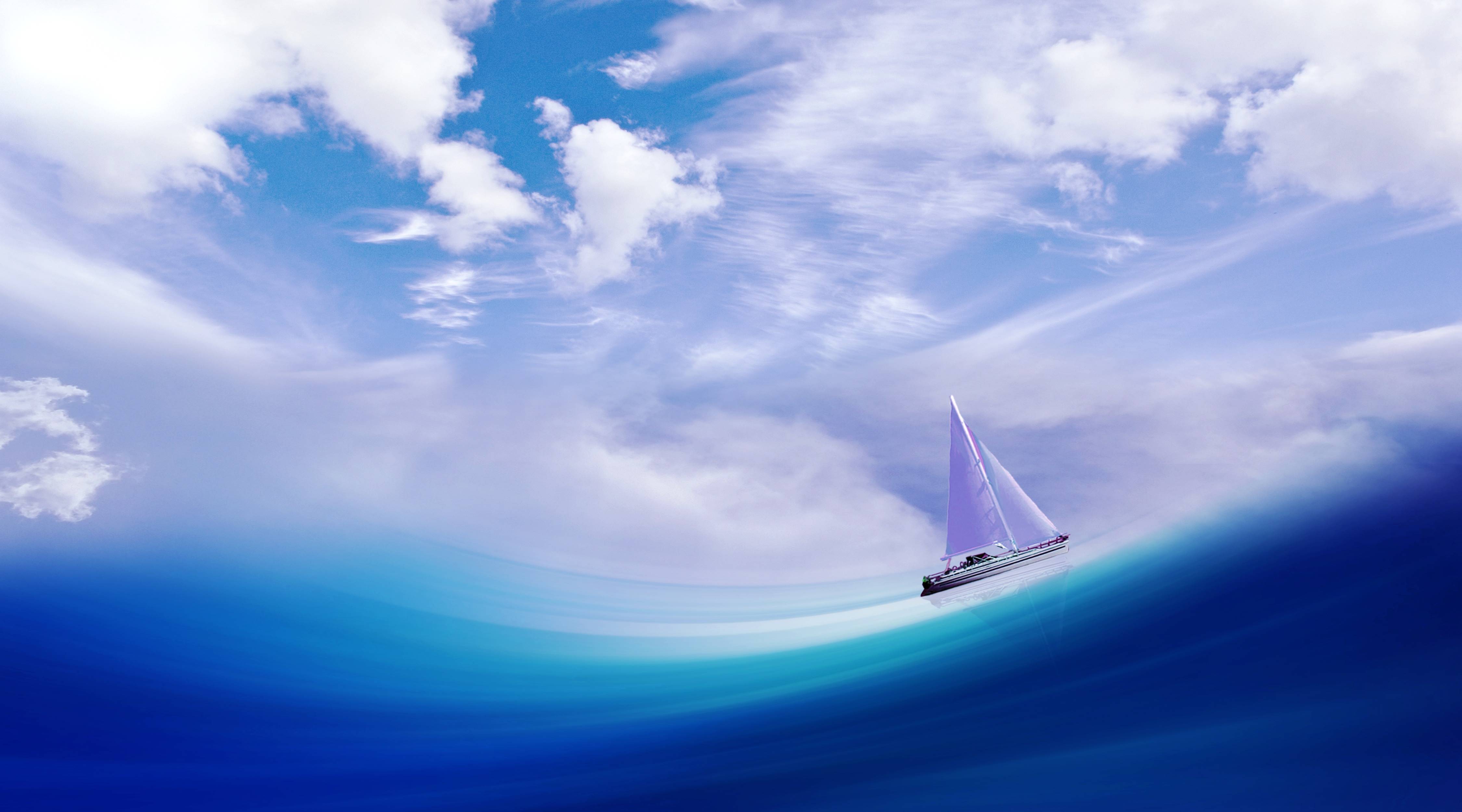 Sailboat on a blue wave under a cloudy sky HD Wallpaper