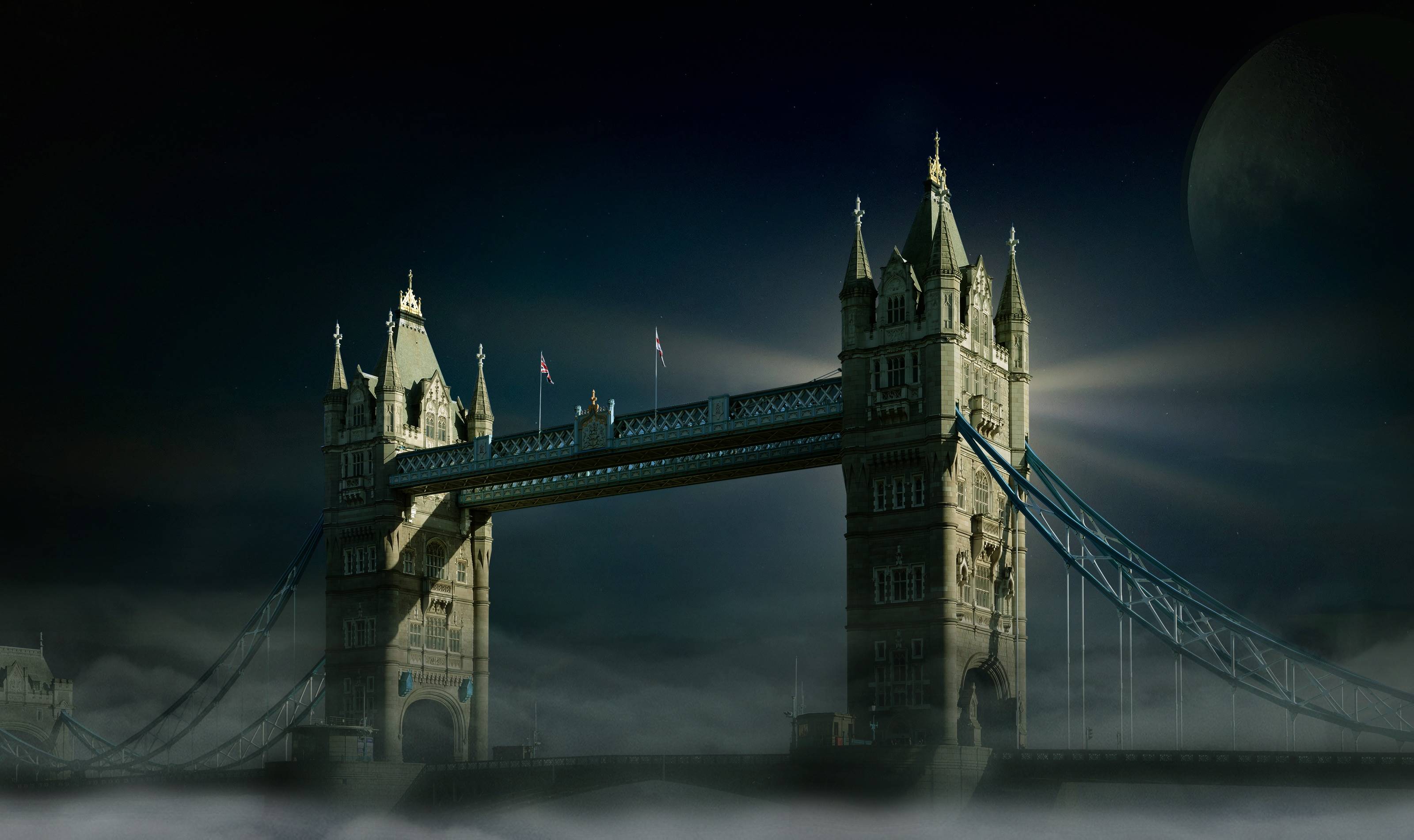 Tower Bridge in London at night with a large moon HD Wallpaper