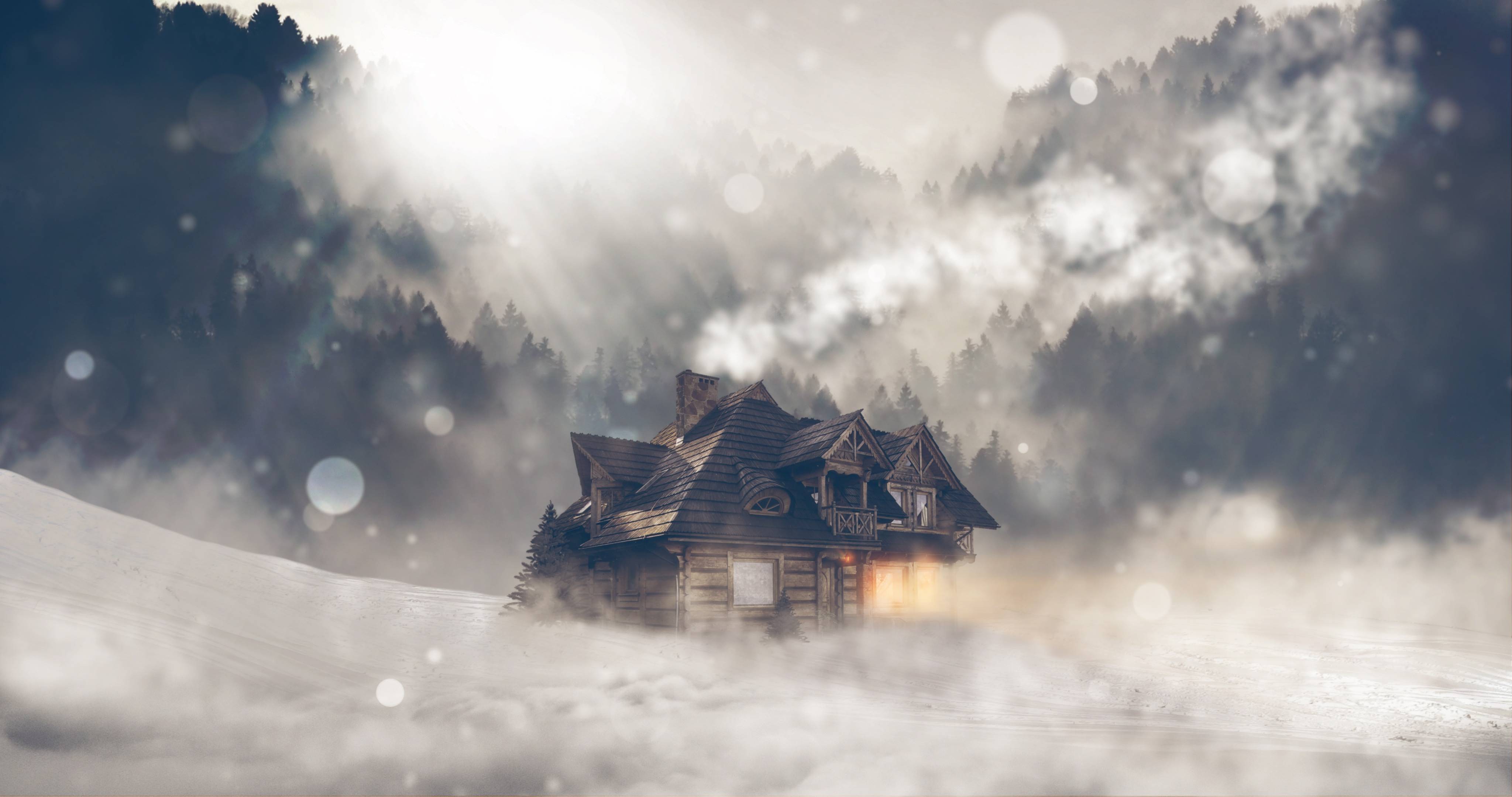Log cabin in a snowy, foggy forest landscape HD Wallpaper