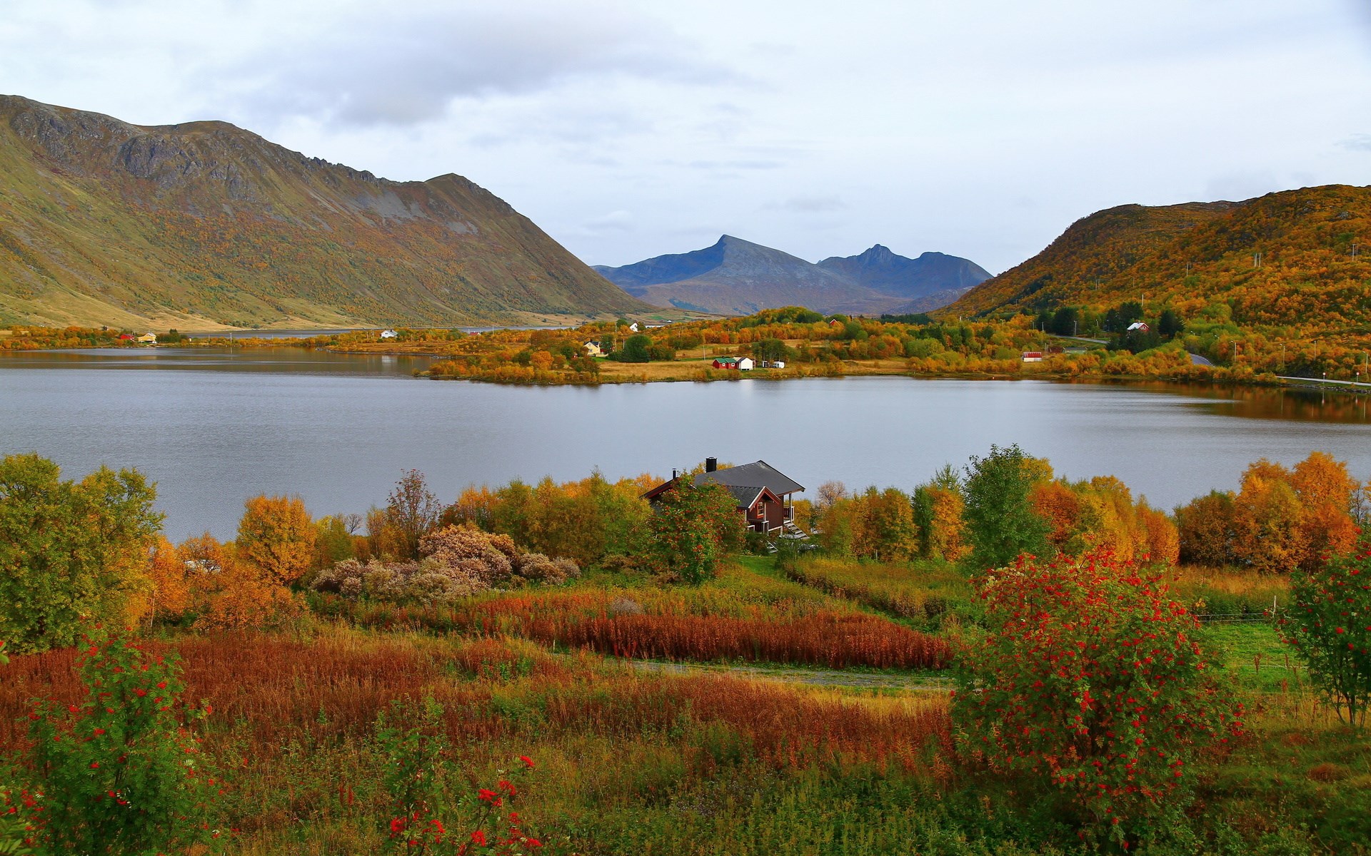 Autumn landscape with lake and mountains HD Wallpaper