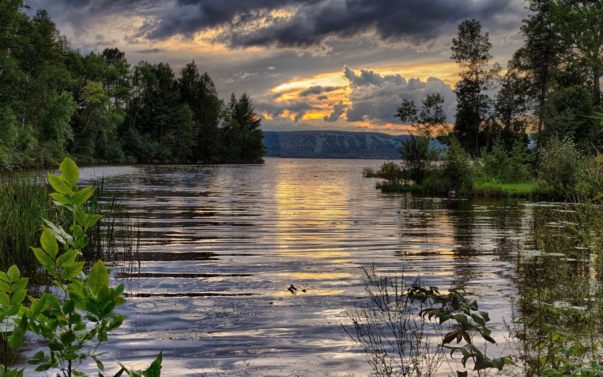 Sunset over a calm lake with trees and hills HD Wallpaper