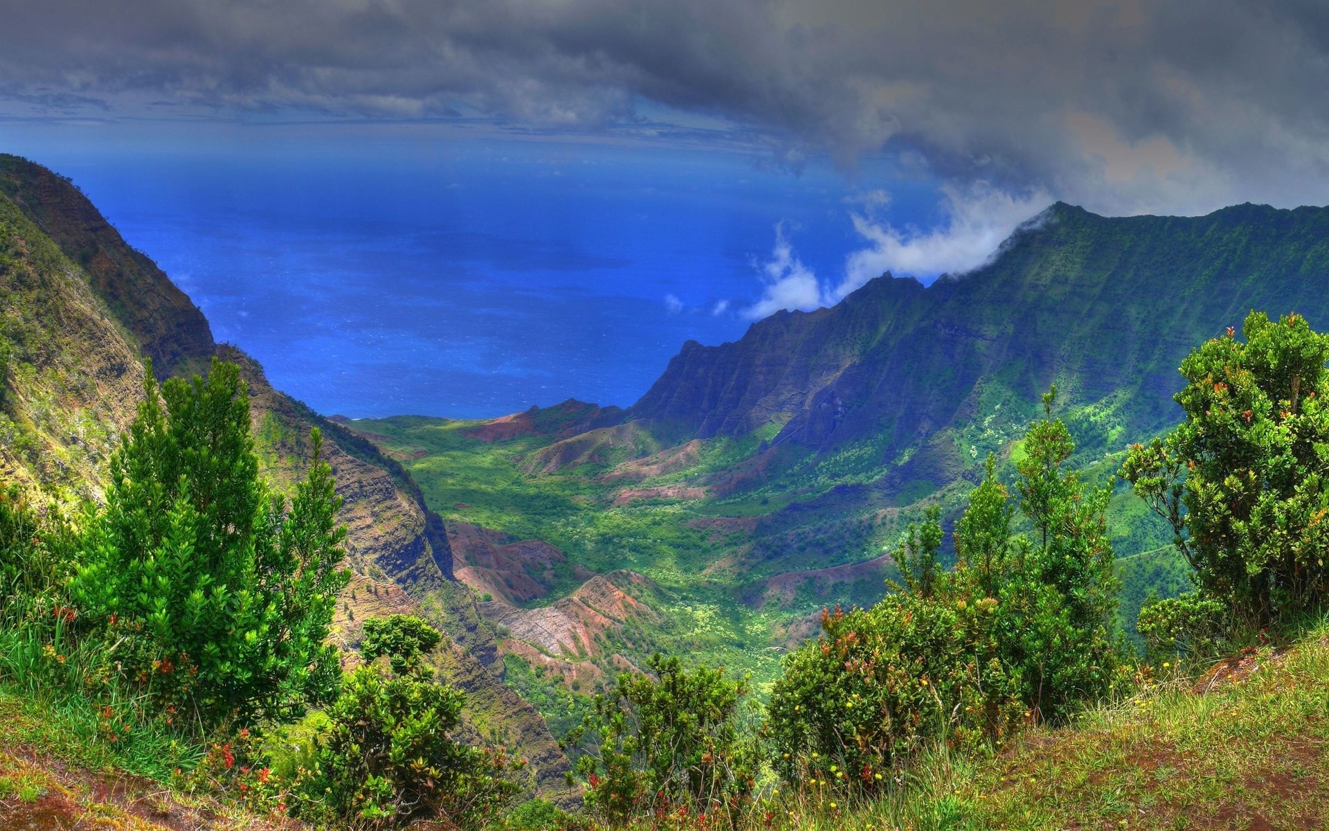 Valley and ocean view from a mountain HD Wallpaper