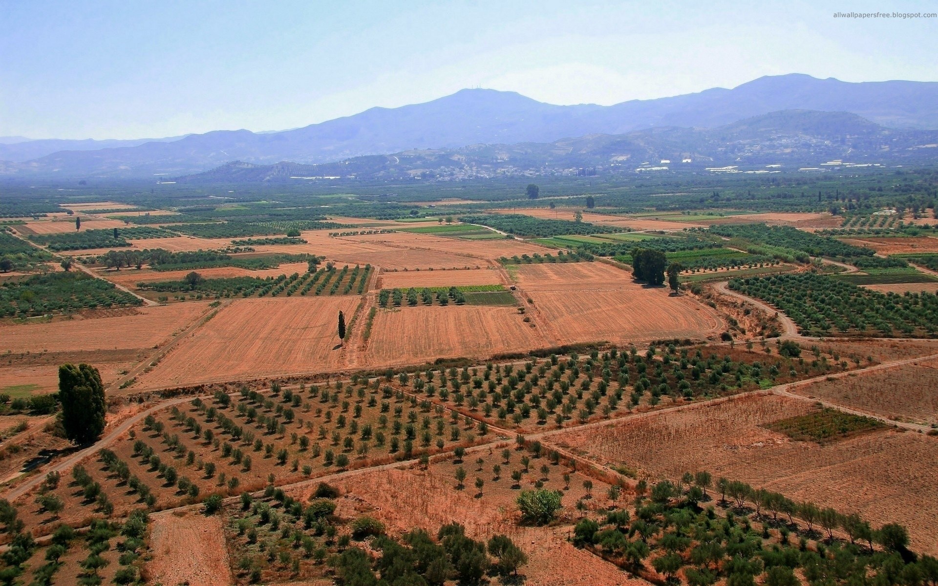 Aerial view of agricultural fields and mountains HD Wallpaper