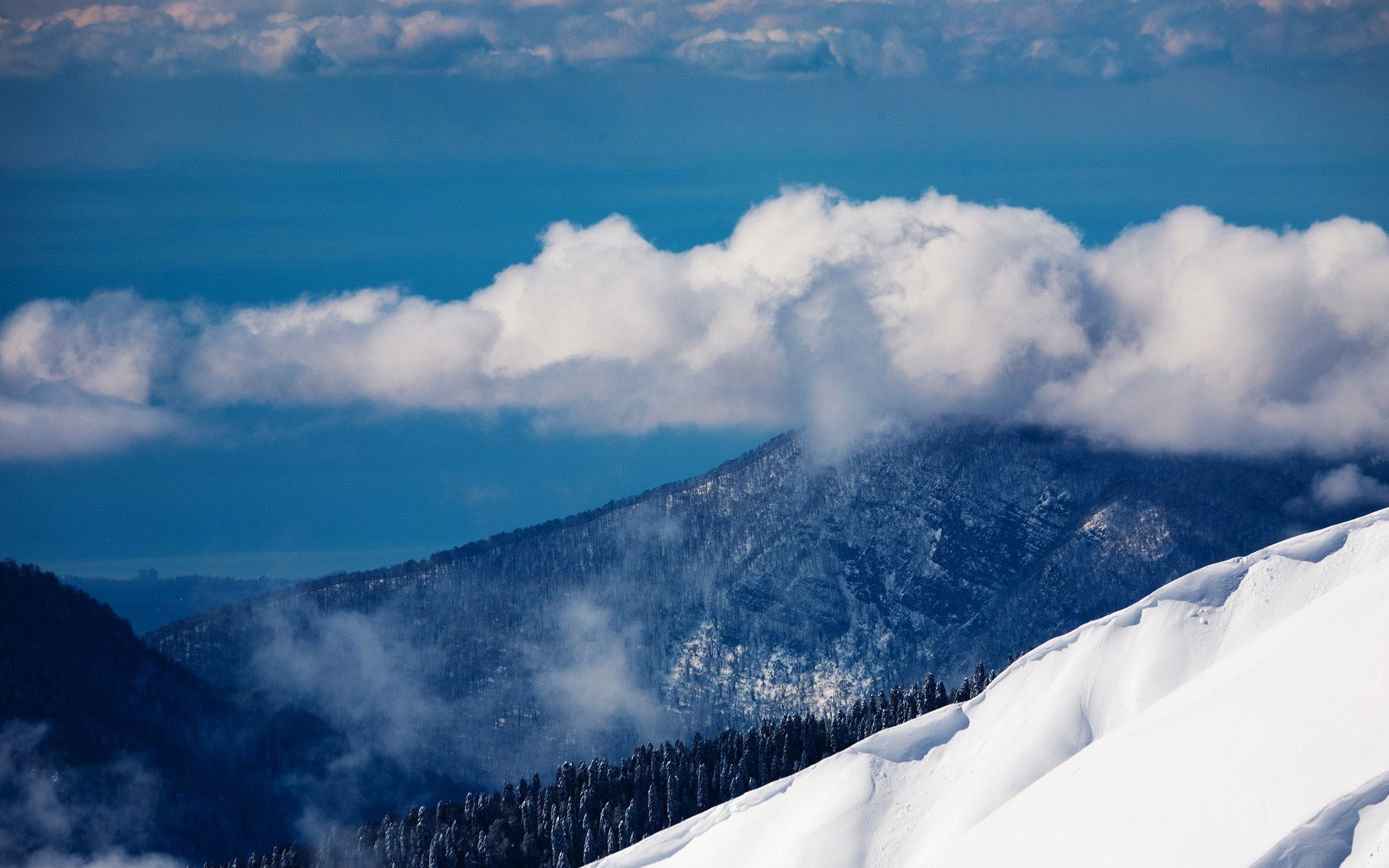 Snowy mountains with clouds and trees HD Wallpaper
