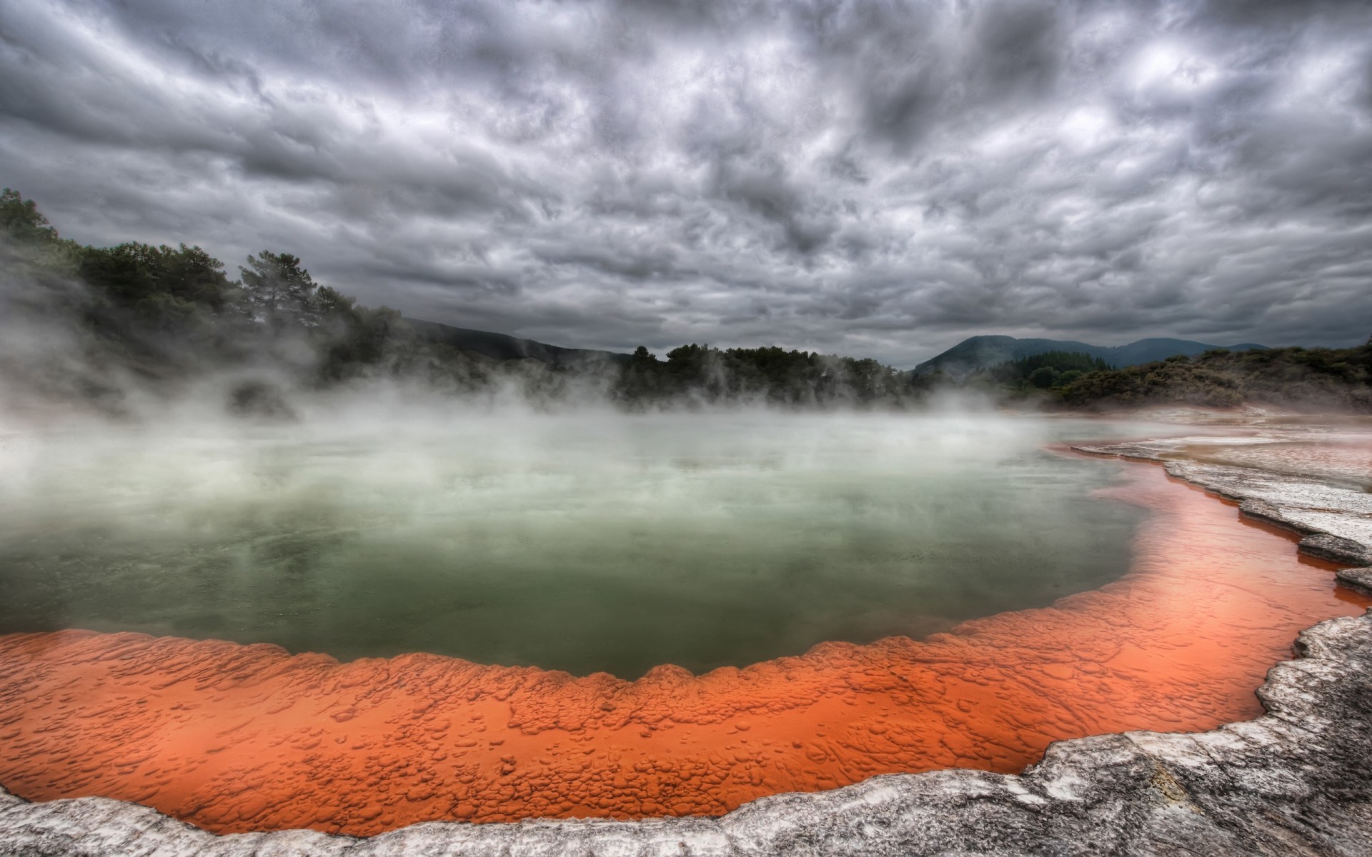 Steaming Geothermal Pool with Orange Terraces HD Wallpaper