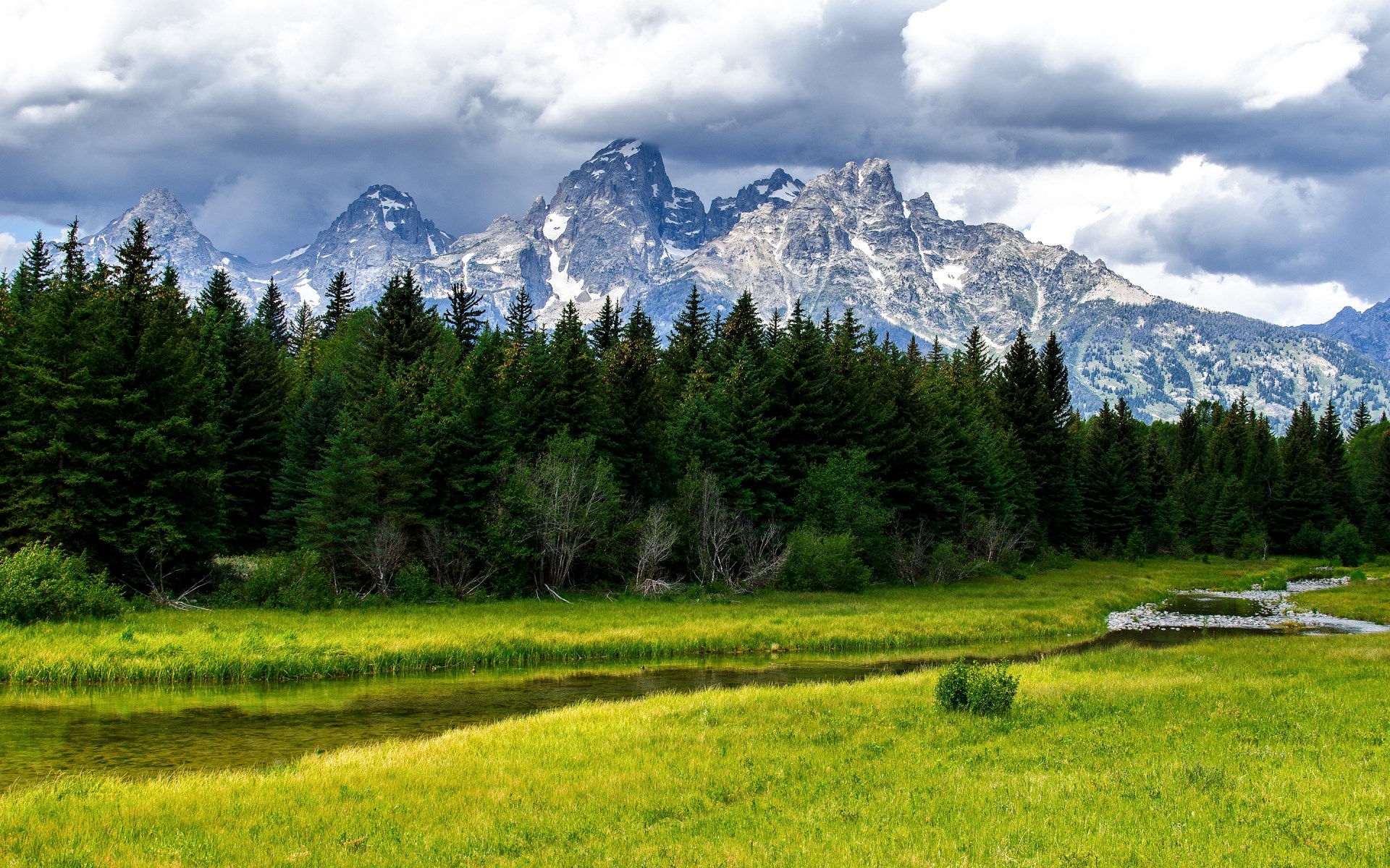 Snow-capped mountains behind a forest and meadow HD Wallpaper