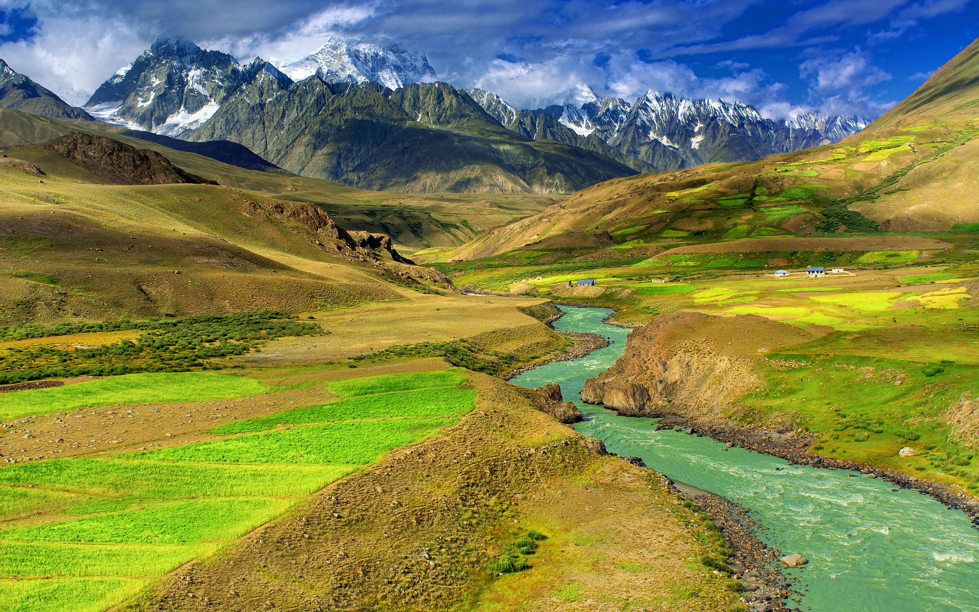 Mountain valley with river and green fields HD Wallpaper