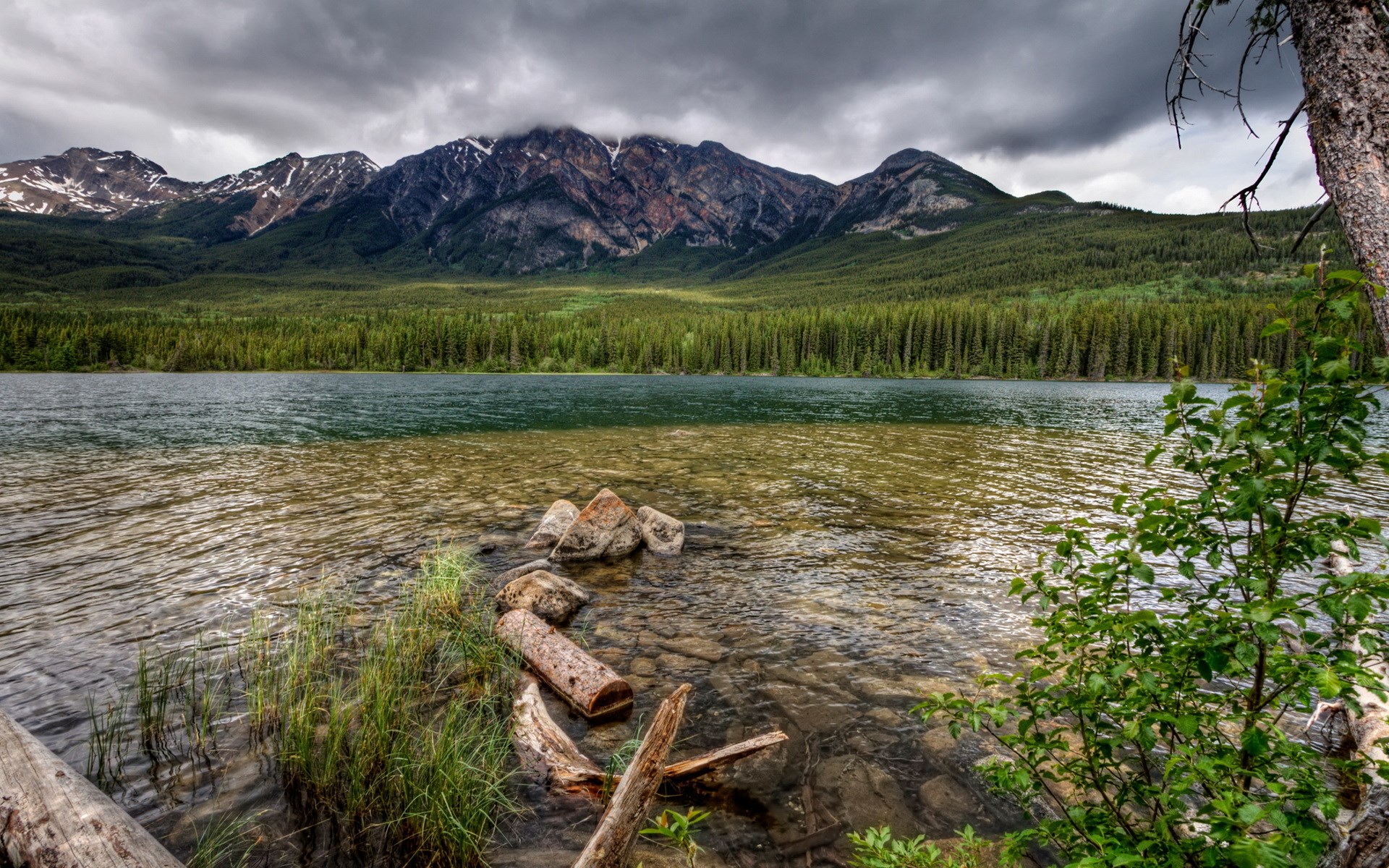 Lake with Mountains and Forest HD Wallpaper