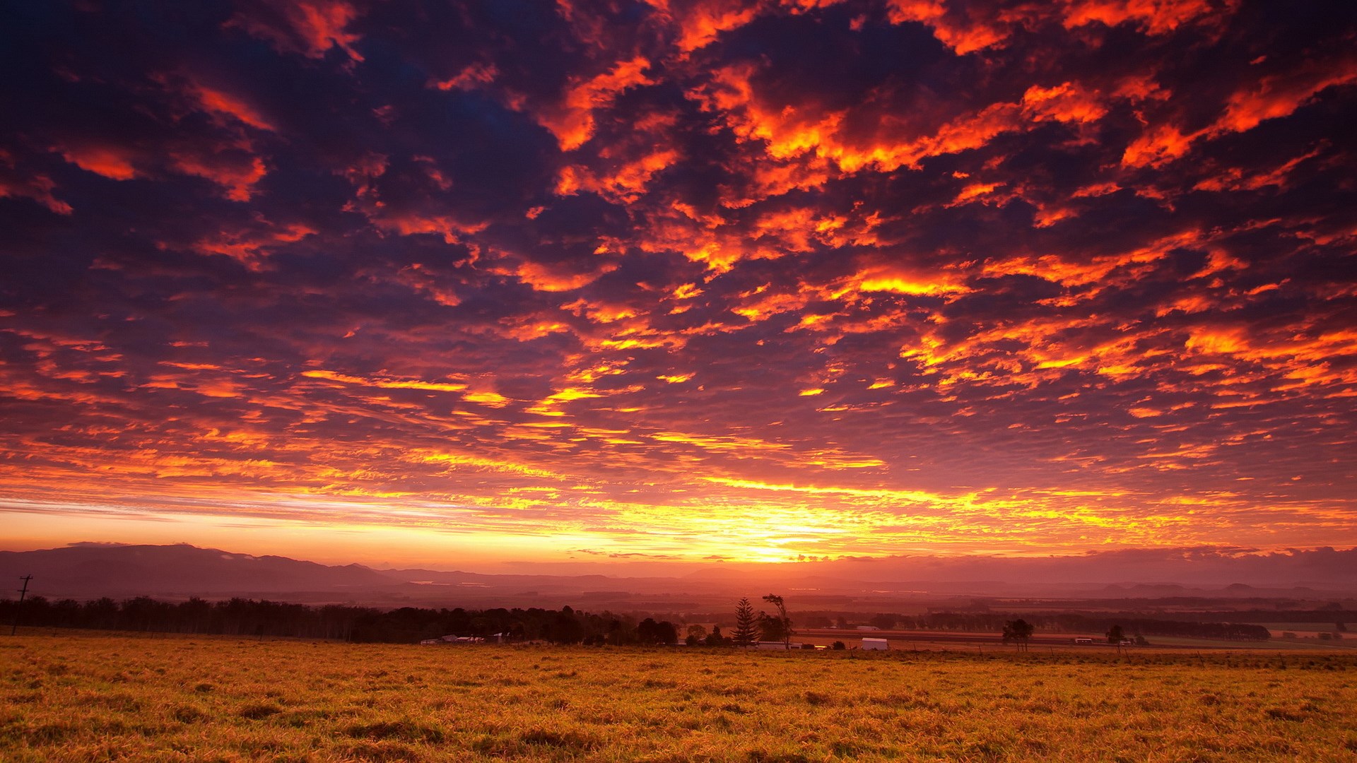 Fiery sunset over a rural landscape HD Wallpaper