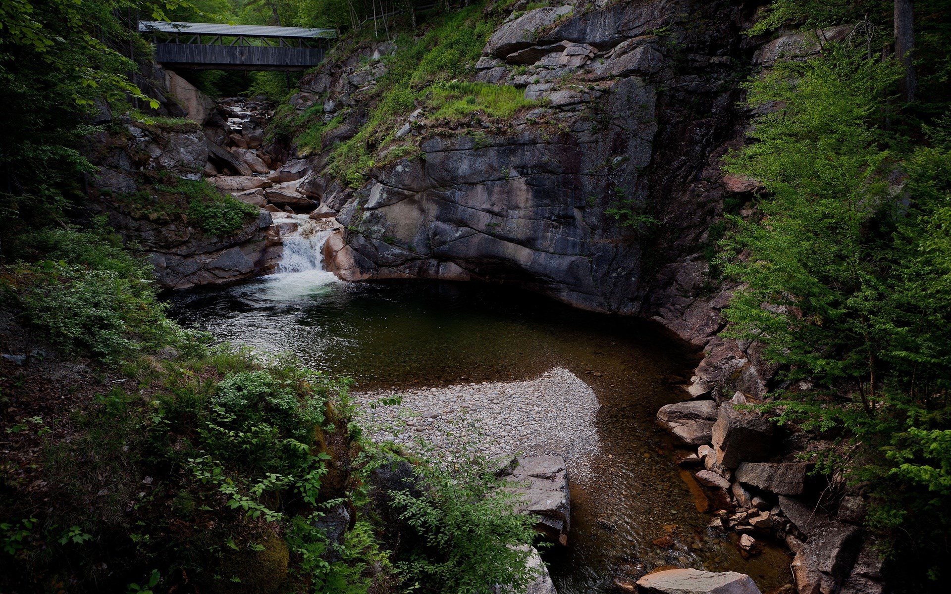 Covered bridge over a rocky gorge with a waterfall HD Wallpaper