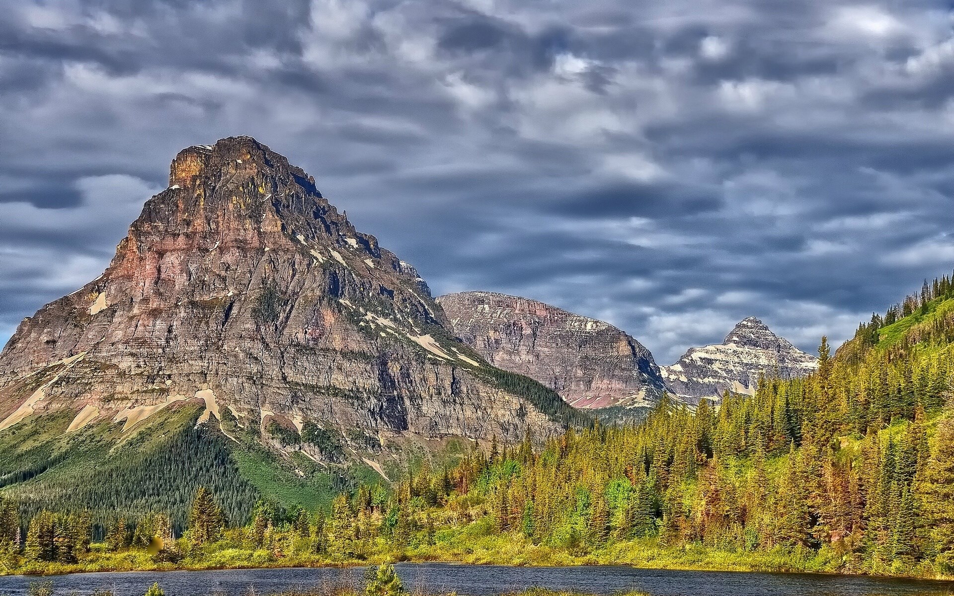 Mountain range with lake and pine forest HD Wallpaper
