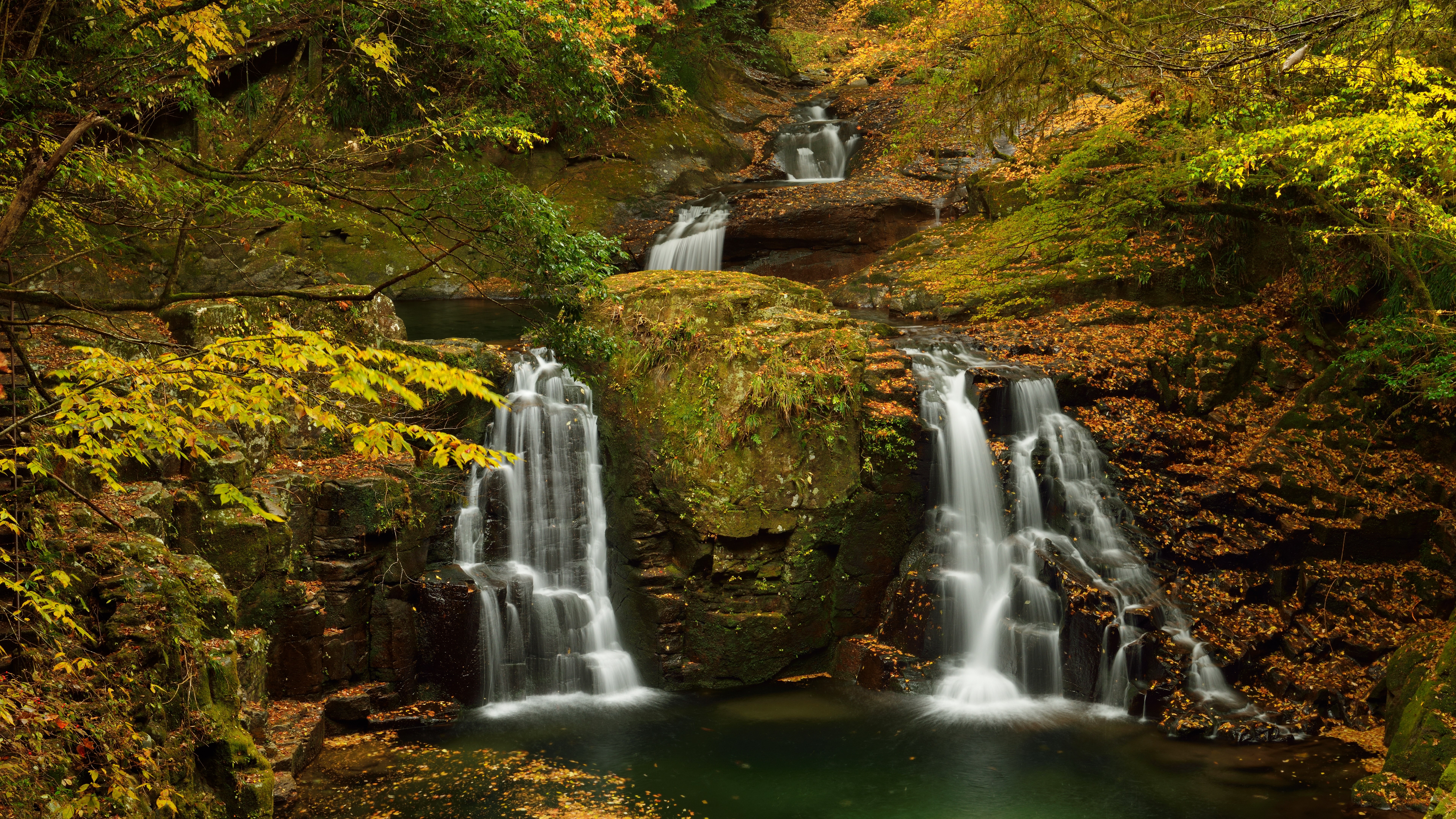Waterfalls cascade through a forest in autumn HD Wallpaper