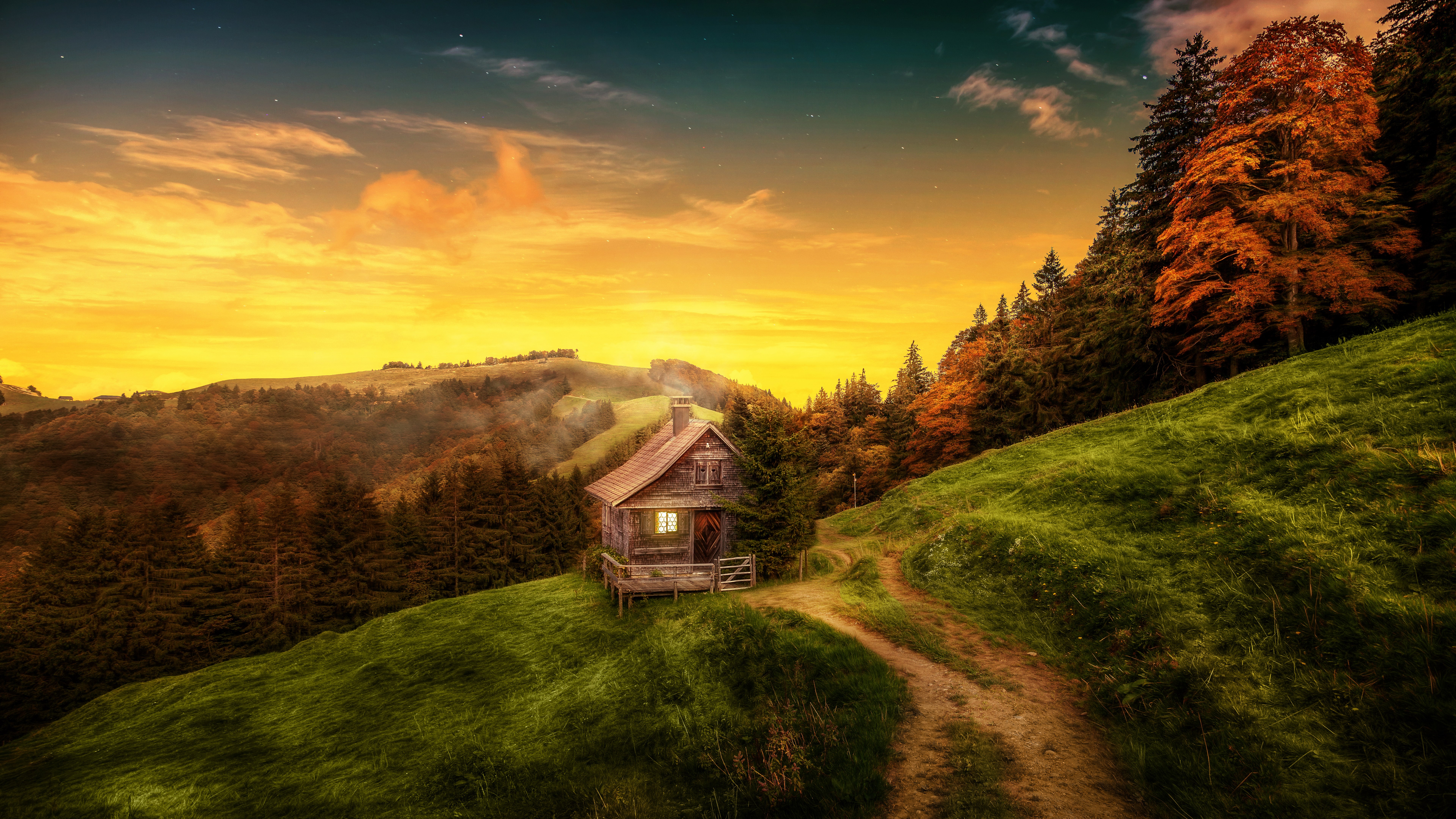 Cabin on a hill at sunset with autumn trees HD Wallpaper