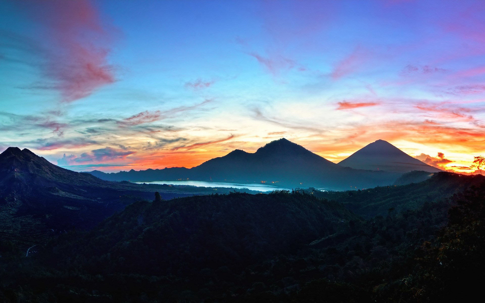 Mountain landscape at sunrise with colorful sky HD Wallpaper