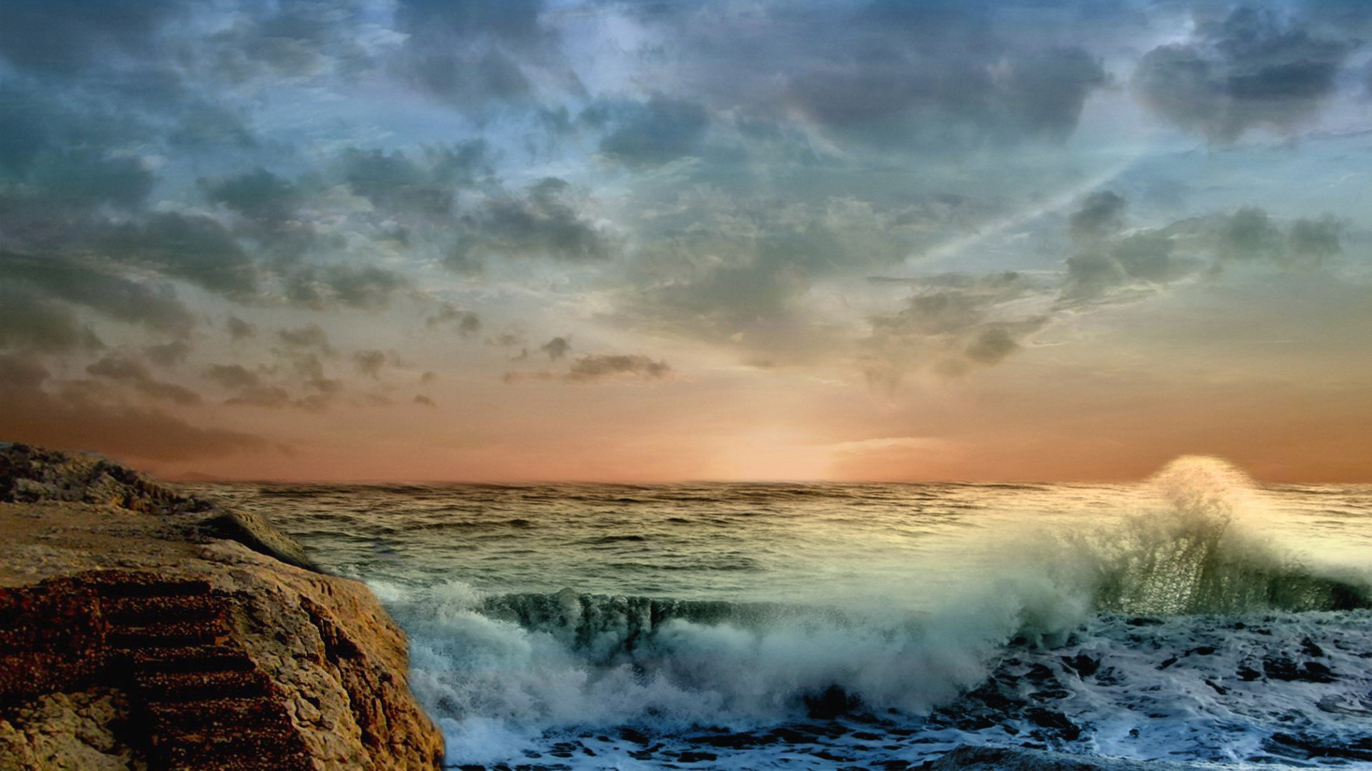 Ocean waves crashing on rocks at sunset HD Wallpaper