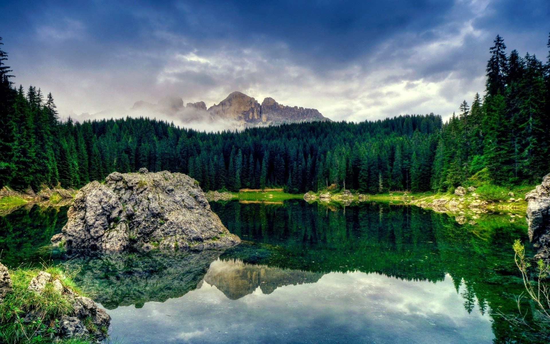 Lake with pine forest and mountains HD Wallpaper