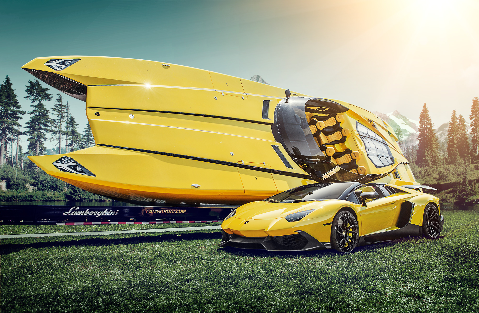 Yellow Lamborghini Aventador SV Roadster and Boat HD Wallpaper