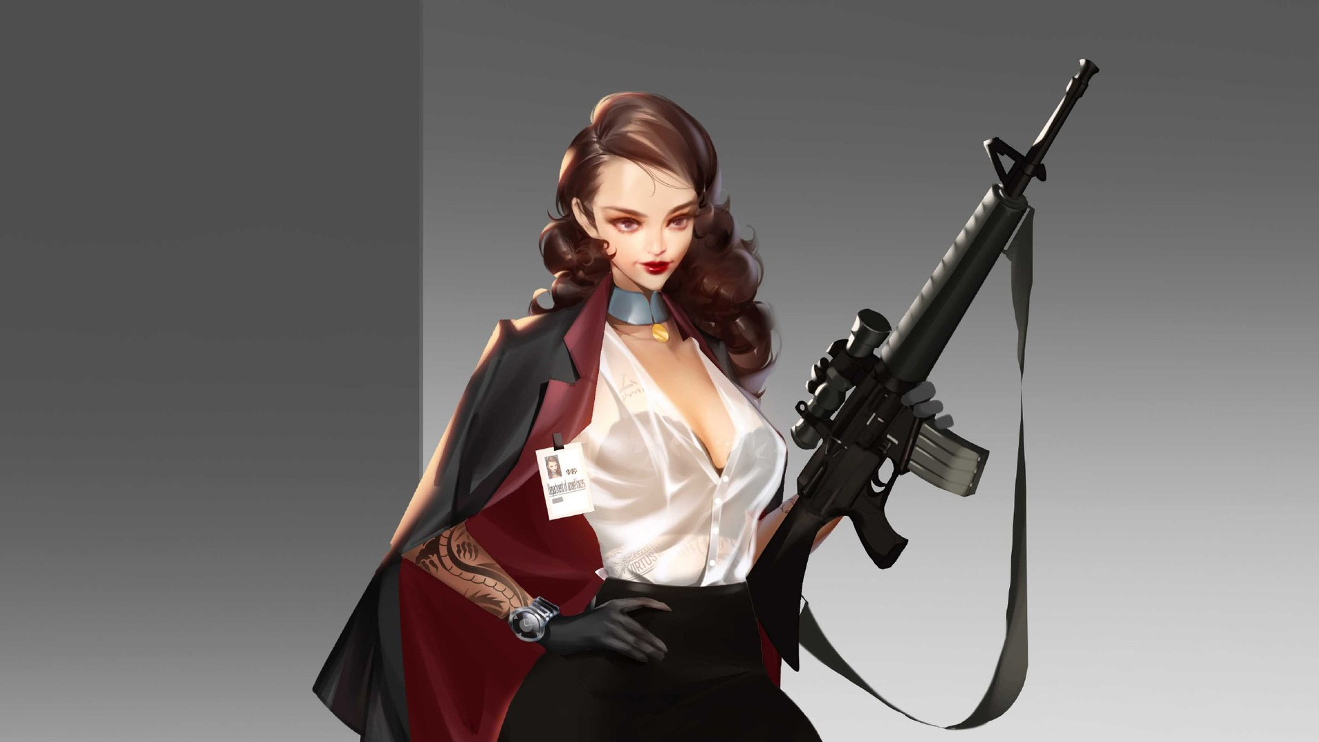 Woman in business attire holding a rifle HD Wallpaper