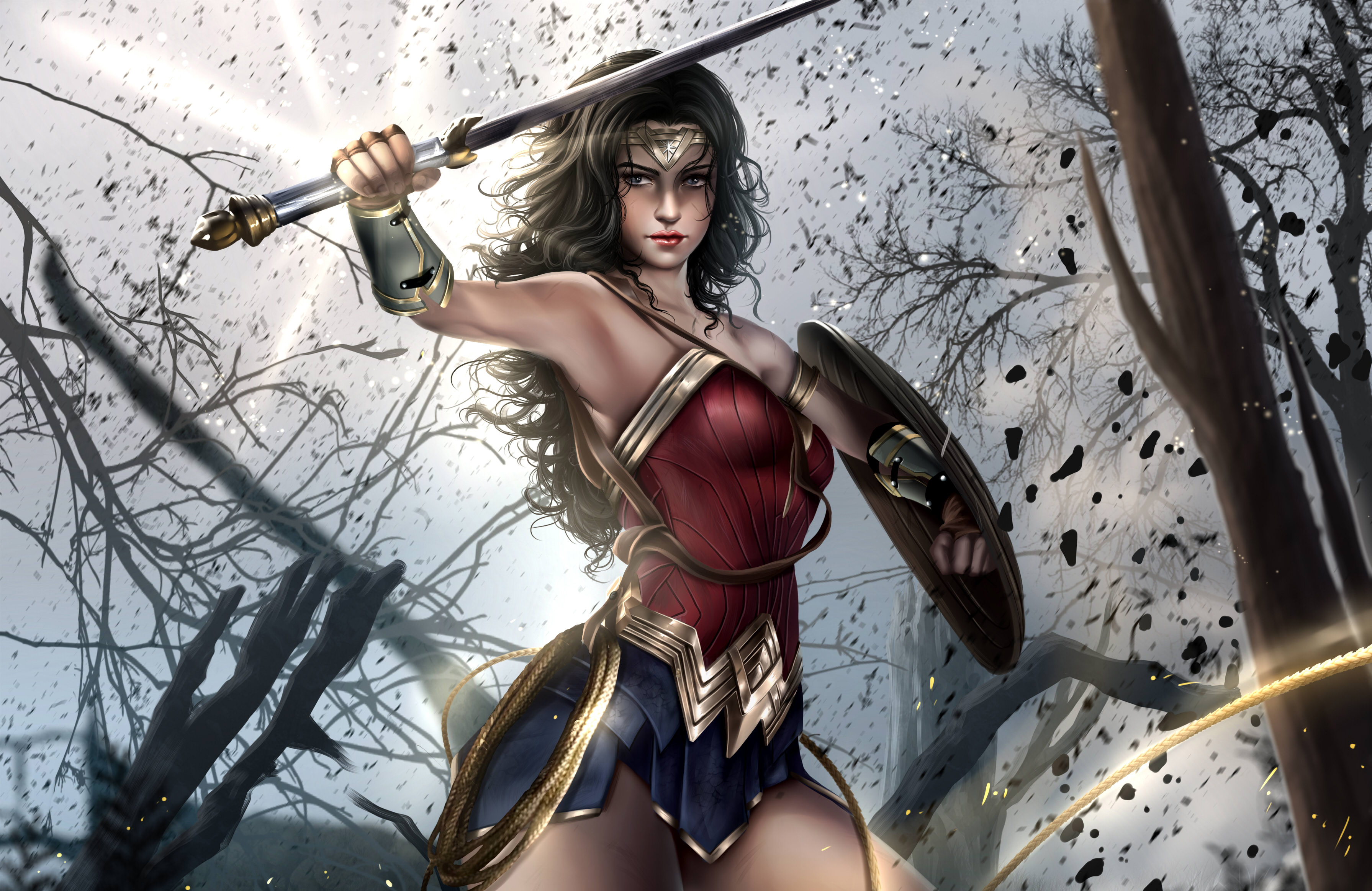 Wonder Woman in battle with sword and shield HD Wallpaper