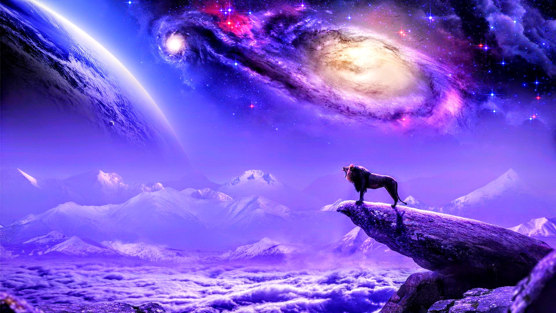 Lion roaring on a cliff overlooking a galaxy HD Wallpaper