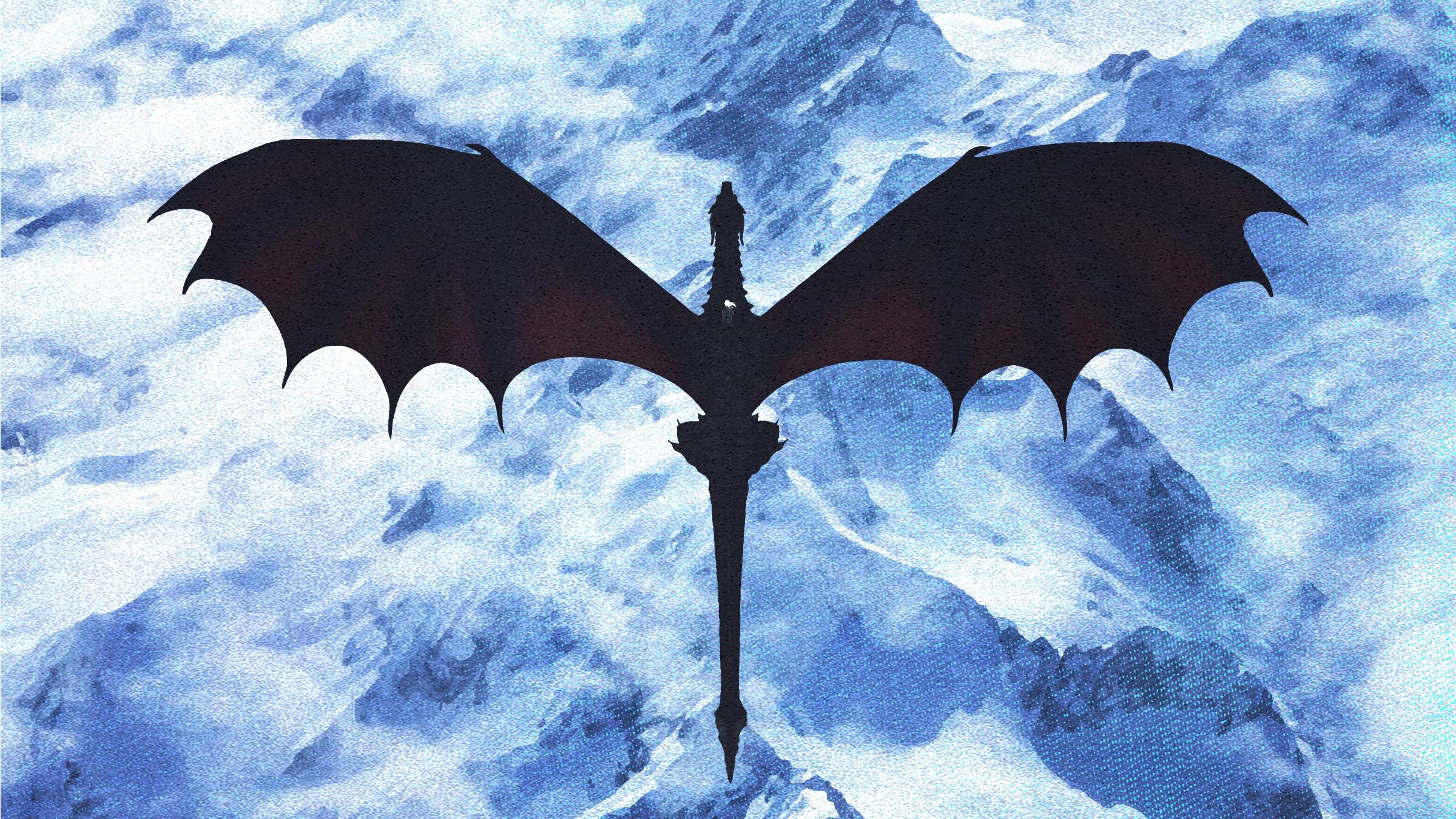 Dragon silhouette over snowy mountains HD Wallpaper