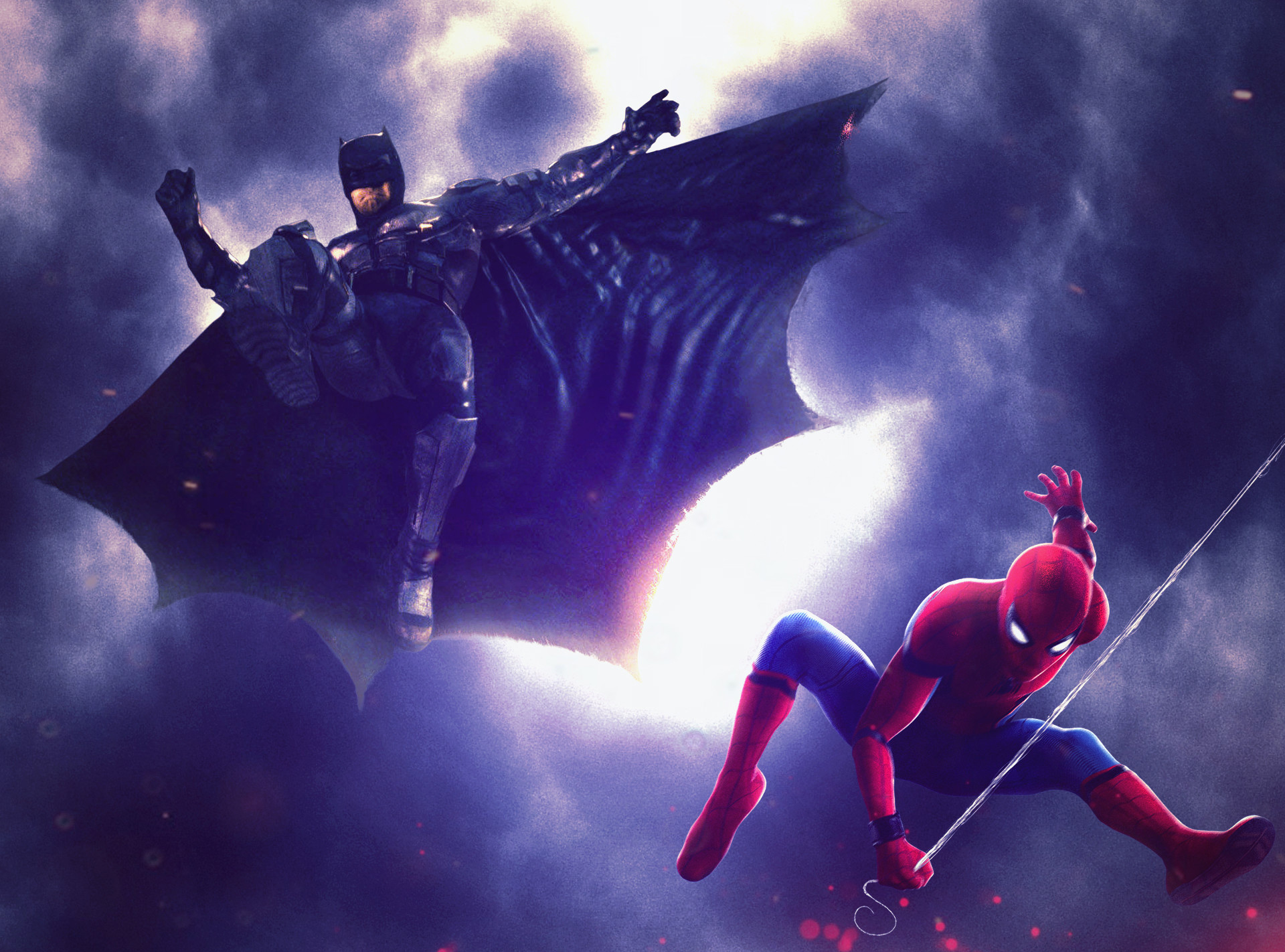 Batman and Spider-Man in a dramatic aerial confrontation HD Wallpaper