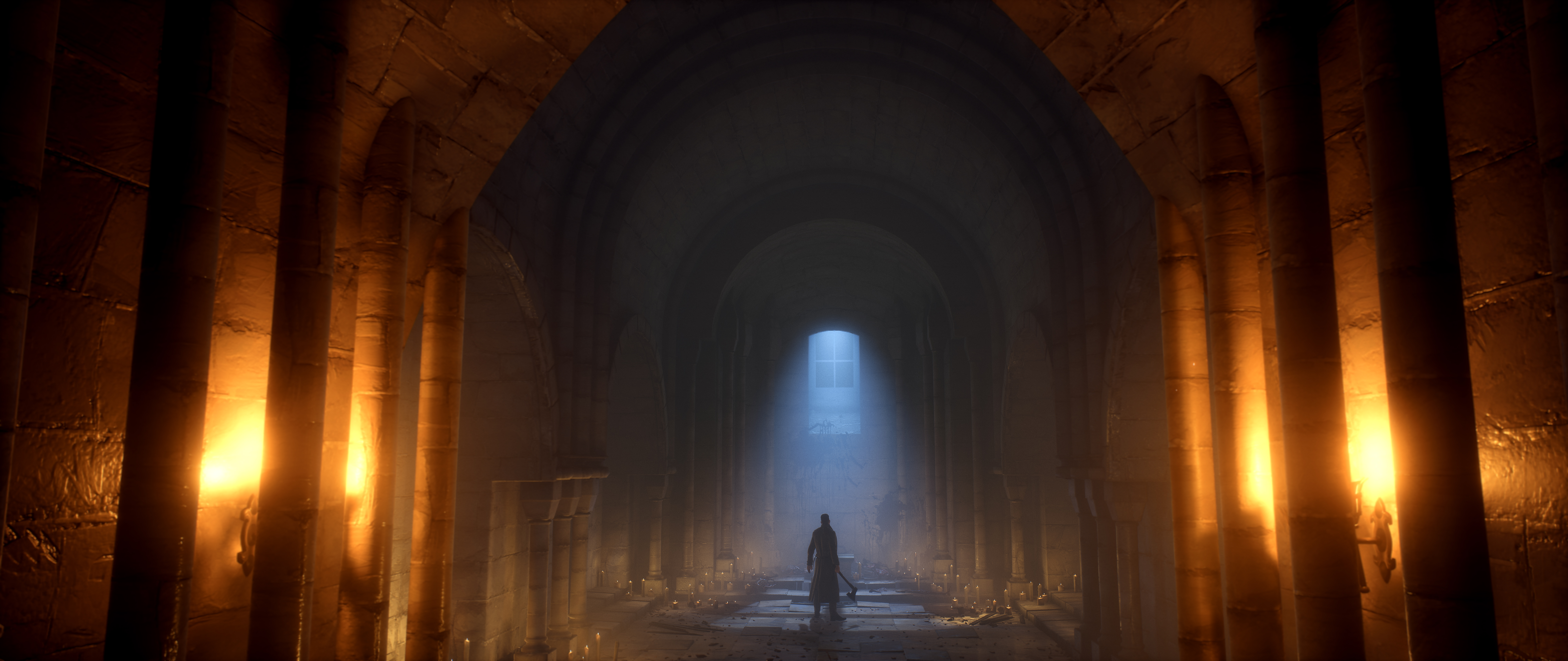 Vampyr game character in a dark stone corridor HD Wallpaper