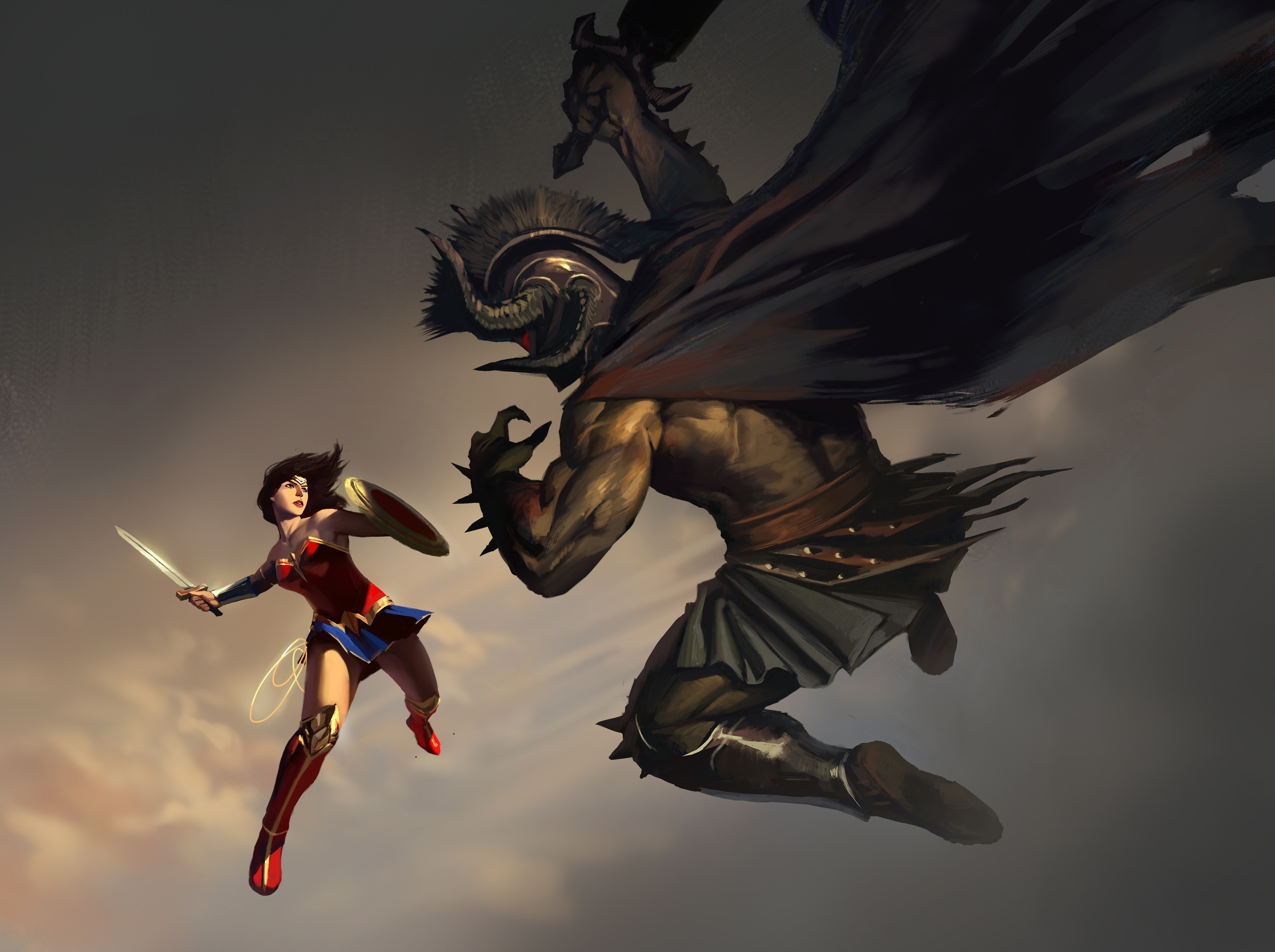 Wonder Woman fights a large demon HD Wallpaper