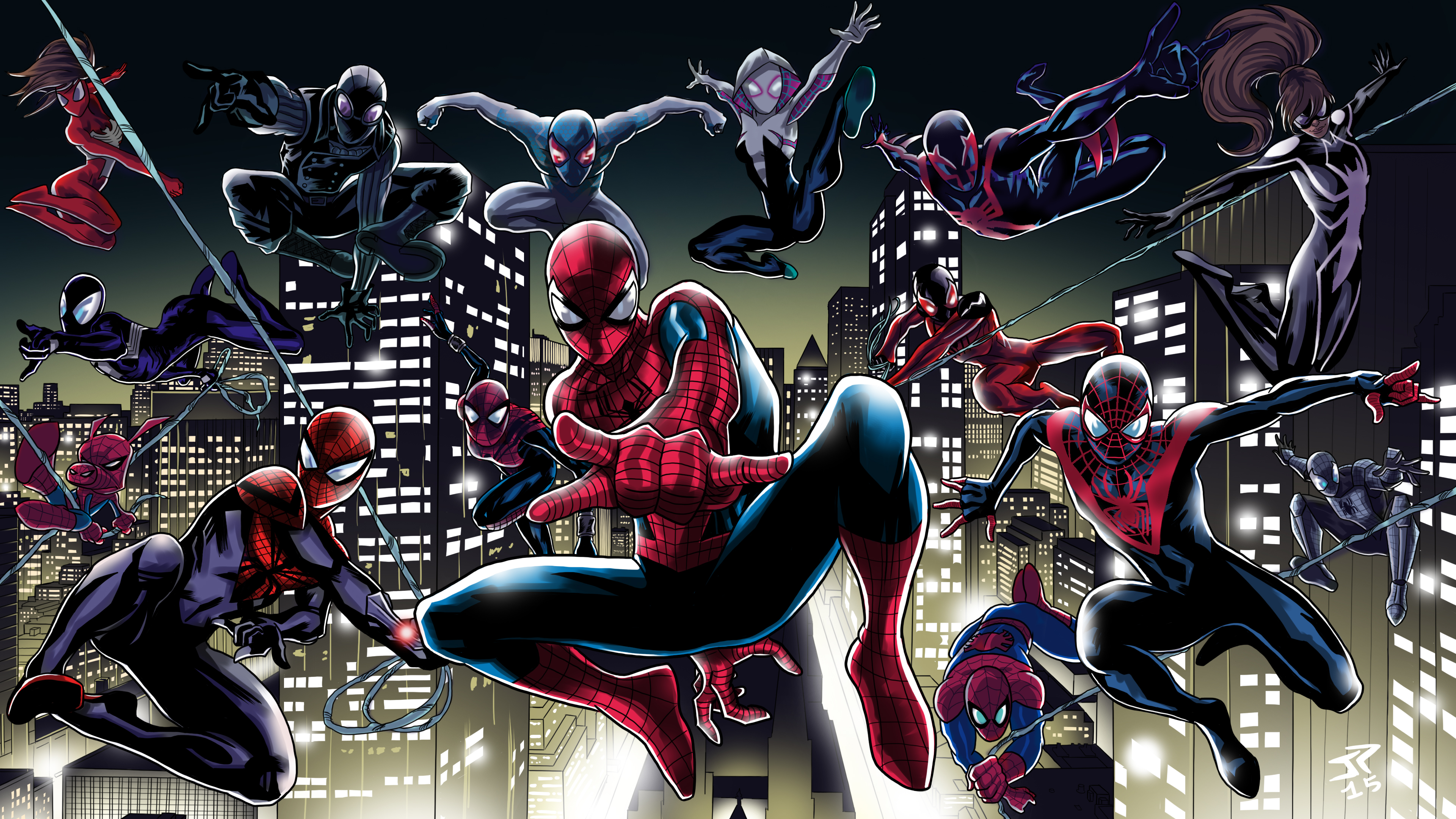 Spider-Man and other Spider-Verse characters in a city HD Wallpaper