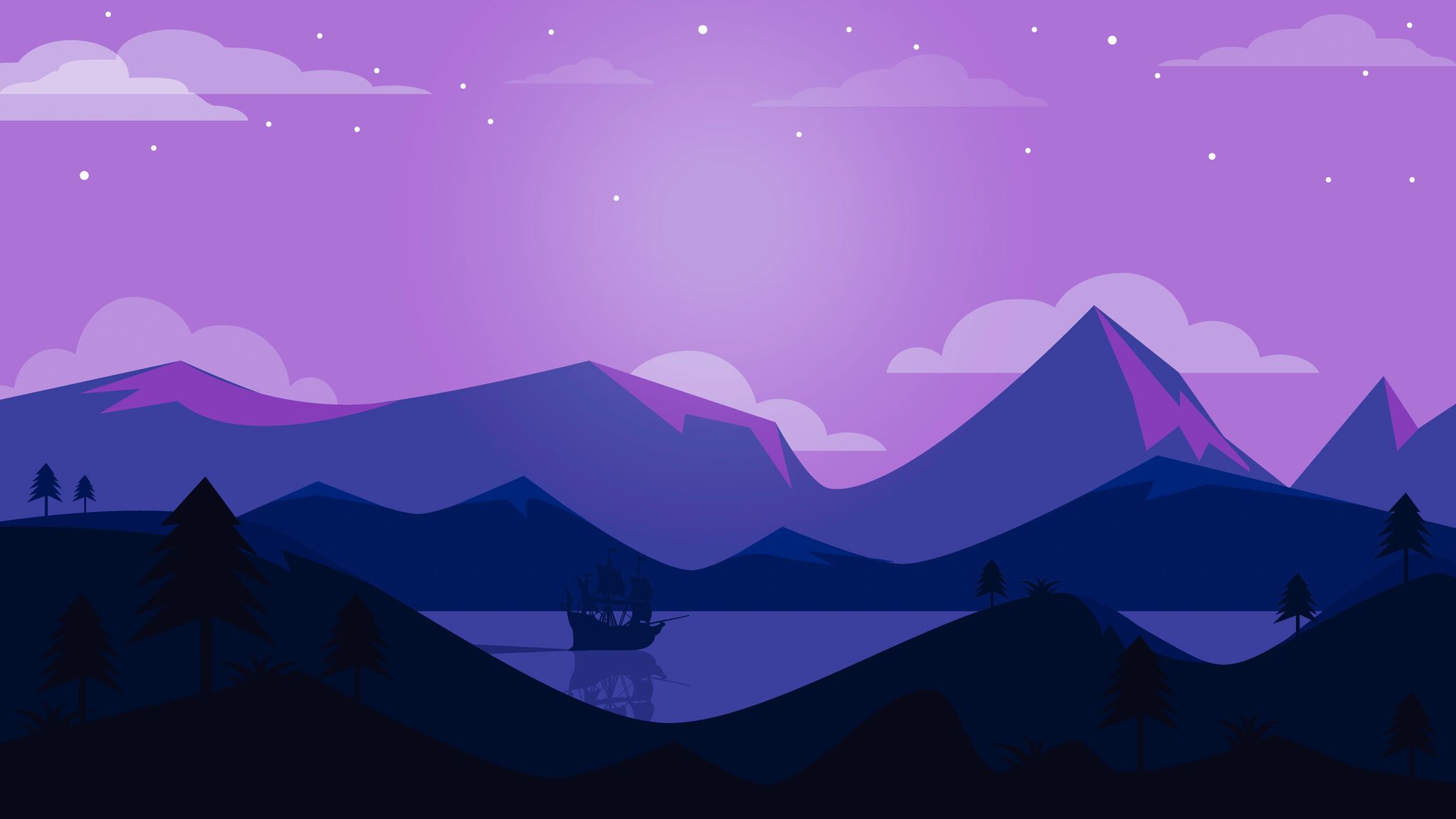 Minimalist landscape with a ship on the water HD Wallpaper