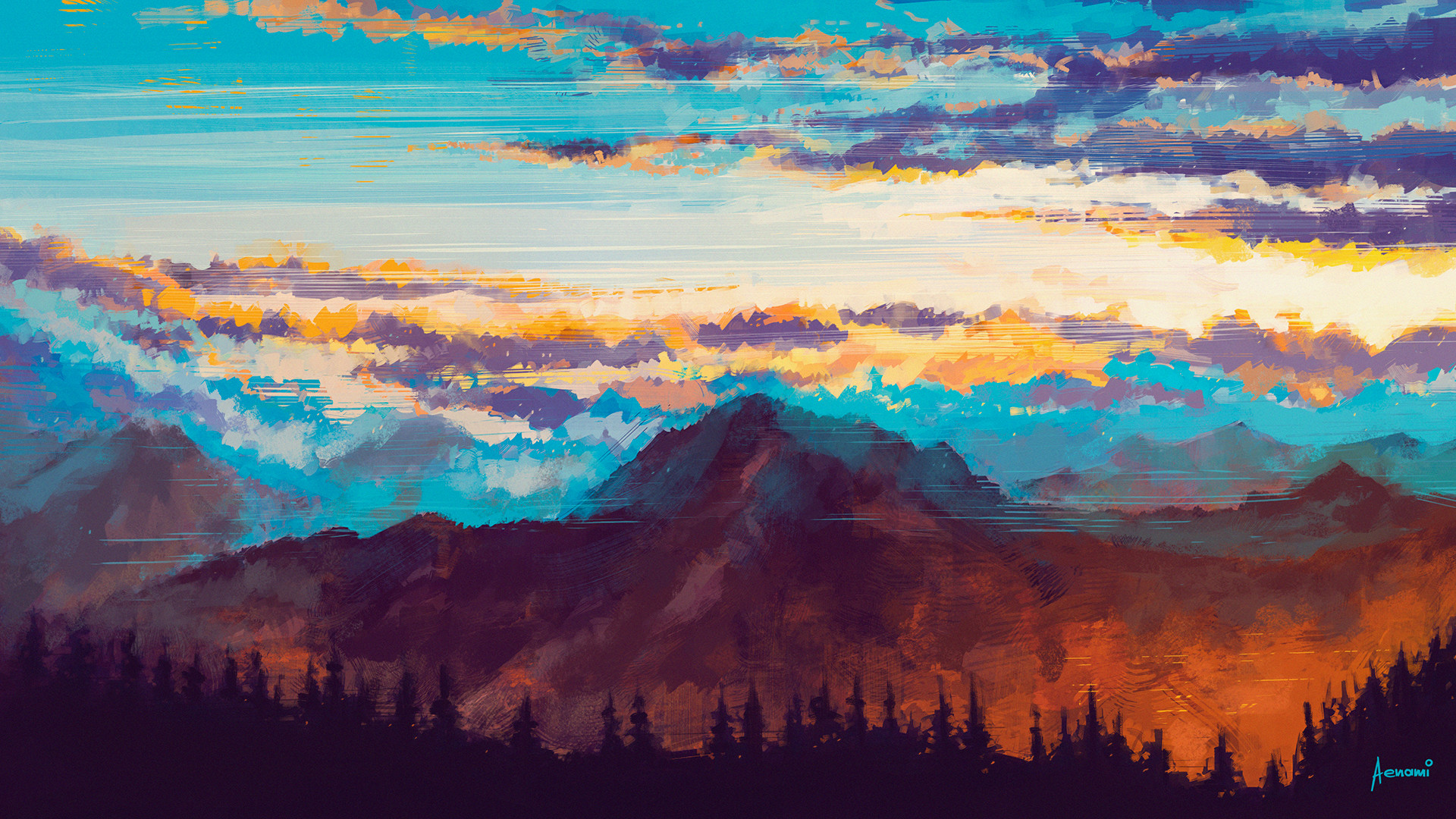 Digital art of mountains at sunset with clouds HD Wallpaper
